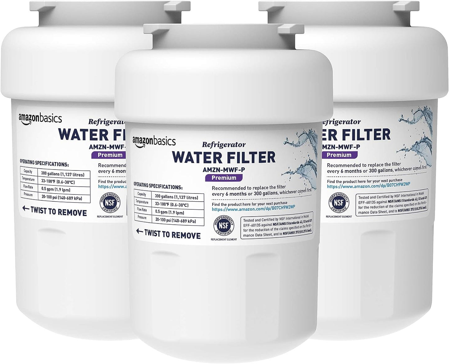 NEW - Amazon Basics Replacement GE MWF Refrigerator Water Filter Cartridge - Pack of 3, Premium Filtration - Retail $65