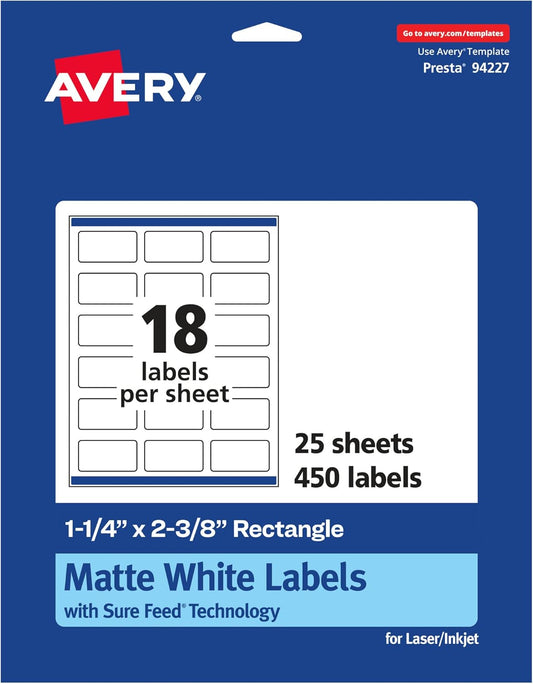Avery Matte White Rectangle Labels, Sure Feed Technology, 1-1/4" x 2-3/8", 450 Matte White Printable Labels