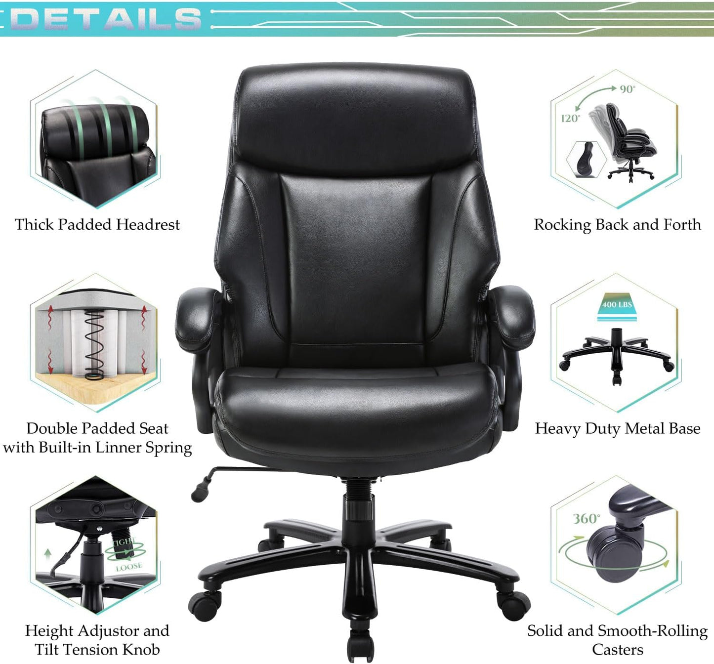 NEW - Big and Tall Office Chair 400lbs-Heavy Duty Executive Desk Chair with Extra Wide Seat, High Back Ergonomic Leather Computer Chair with Tilt Rock&Tension, Padded Armrests-Black - Retail $180