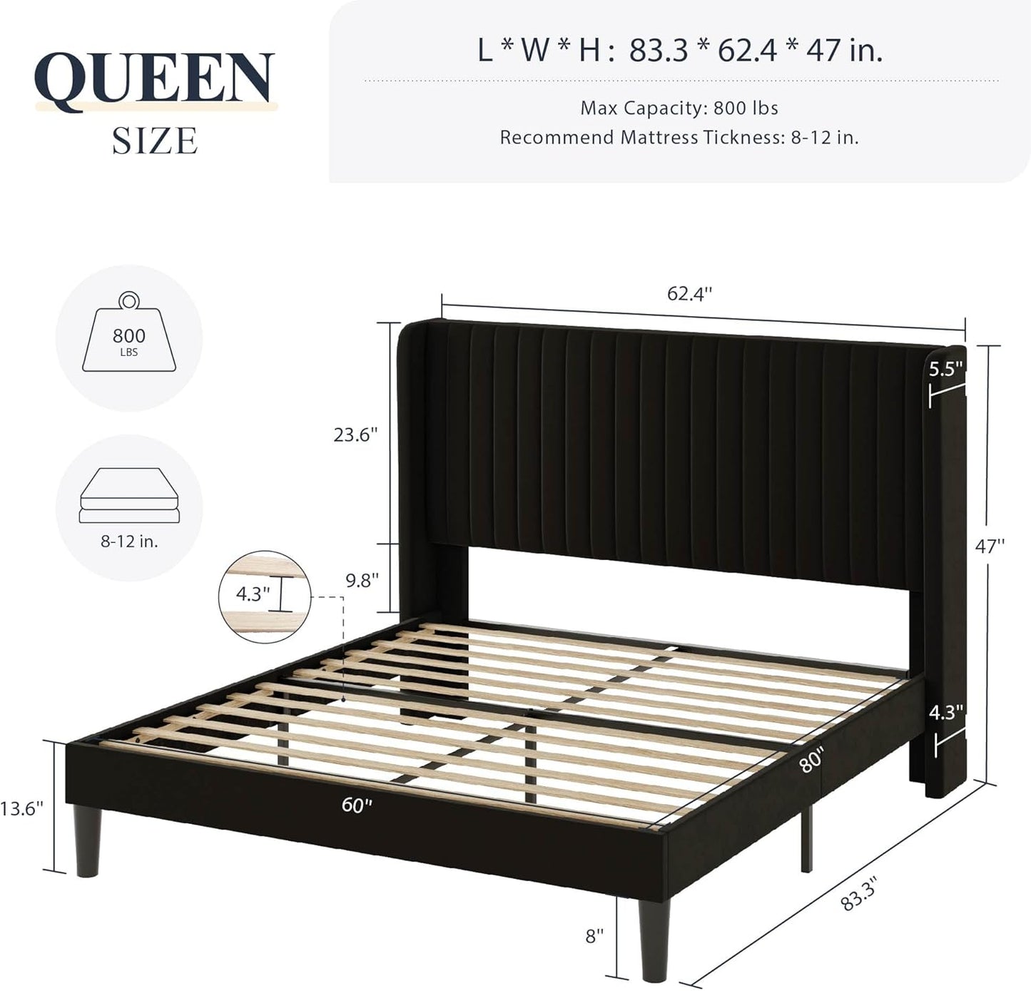 Allewie Queen Size Velvet Bed Frame/Vertical Channel Tufted Wingback Headboard/Upholstered Platform Bed/Strong Wooden Slats/No Box Spring Needed/Easy Assembly/Black