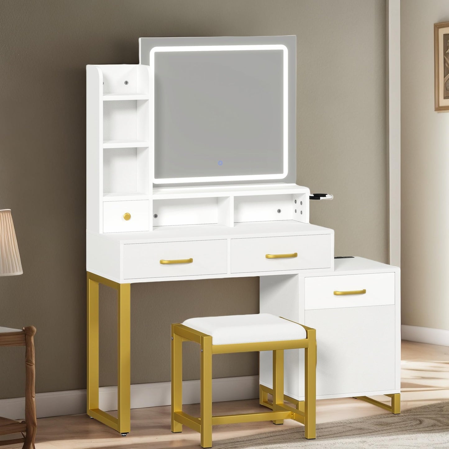 YITAHOME Vanity Desk with Mirror and Lights, Makeup Vanity Table with Power Outlet, Drawers, Vanity Table Set, 3 Lighting Modes Brightness Adjustable, Bedroom (White)