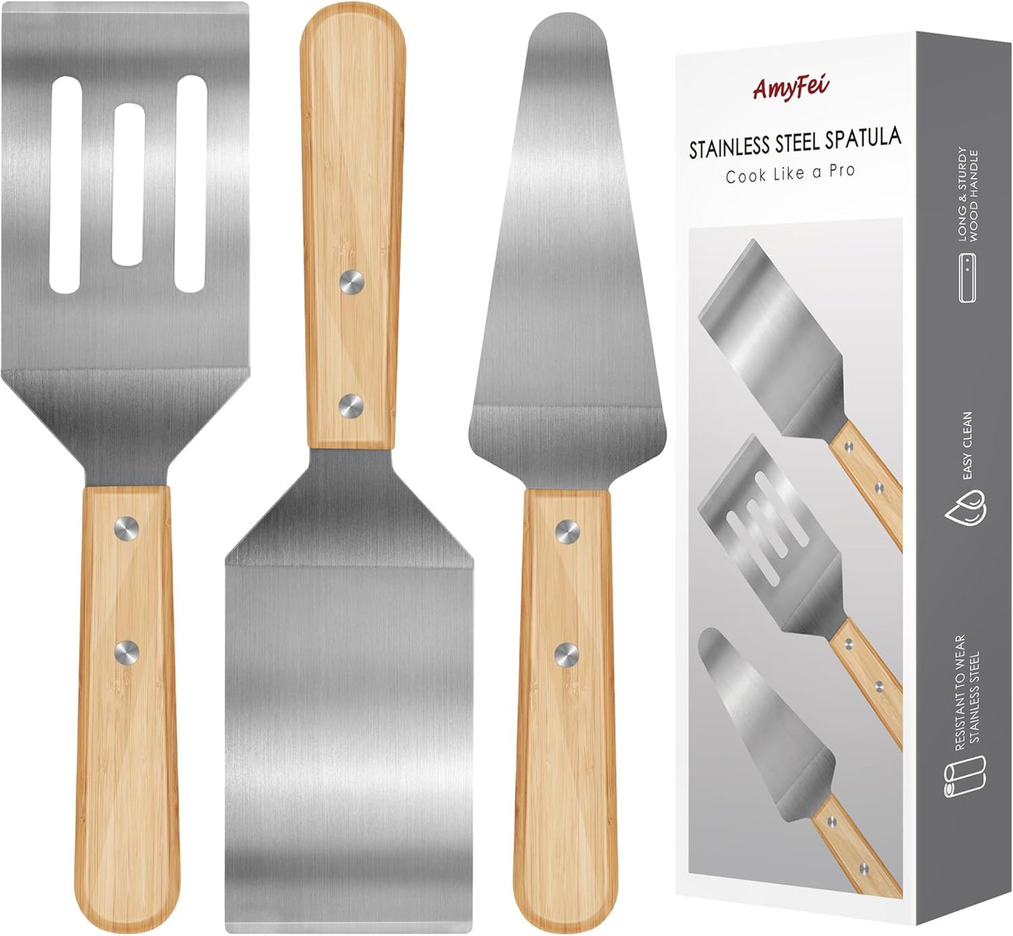 3 Pieces Stainless Steel Spatula Set, Metal Spatula for Cooking with Wooden Handle, Metal Spatulas for kitchen use