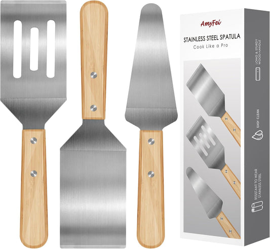 3 Pieces Stainless Steel Spatula Set, Metal Spatula for Cooking with Wooden Handle, Metal Spatulas for kitchen use