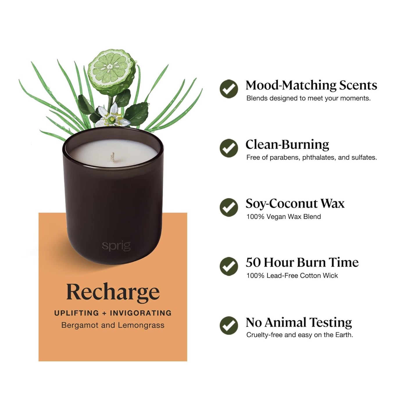 Sprig by Kohler Recharge Aromatherapy Candle with Bergamot and Lemongrass, 100% Natural Soy-Coconut Wax, 8 oz