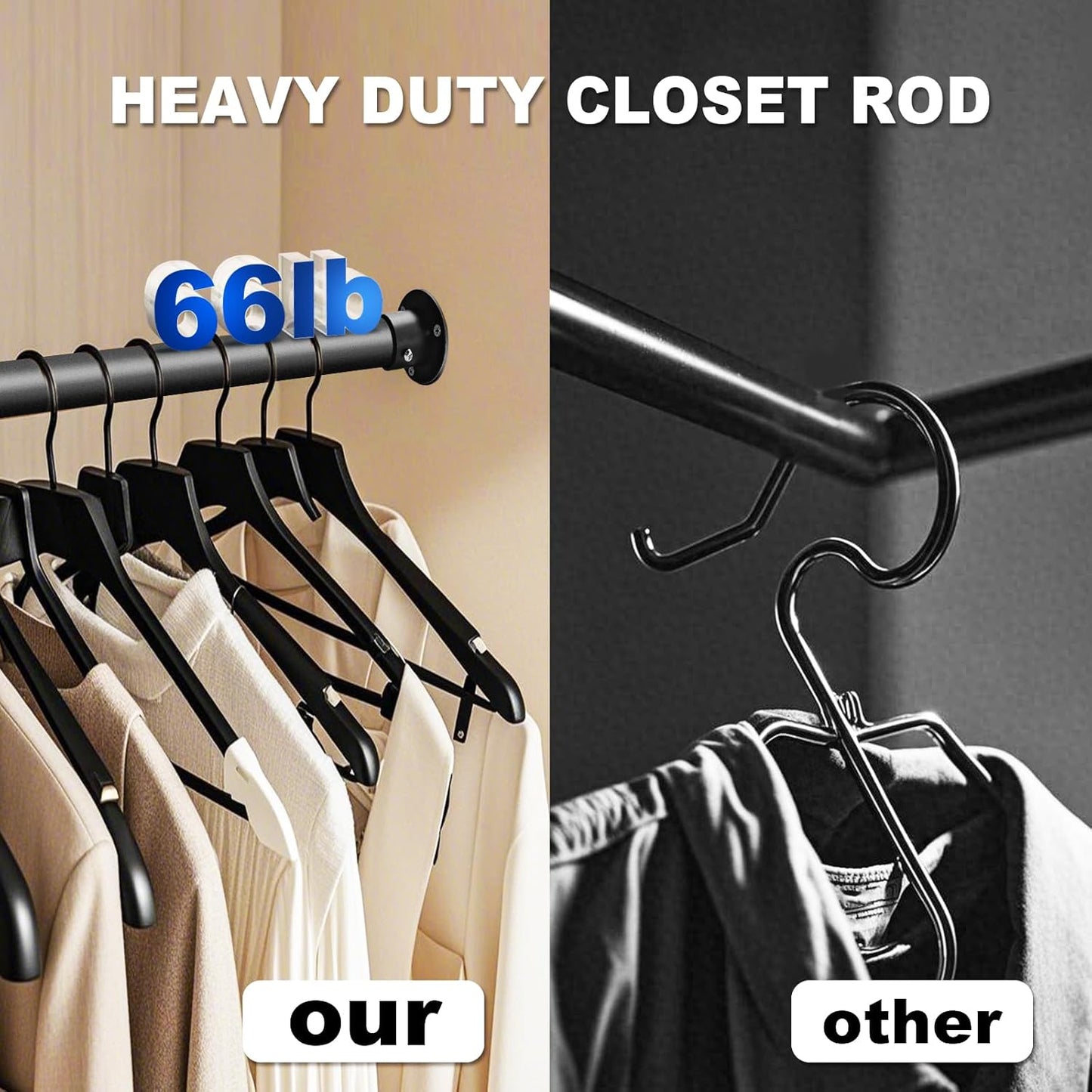 Closet Rod, 17 to 40 Inch Closet Rods for Hanging Clothes, 1.3 Inch Diameter Stepless Adjustable Clothes Hanging Rod, Black Heavy Duty Hanging Bar for Closet Wardrobes Bathroom Laundry