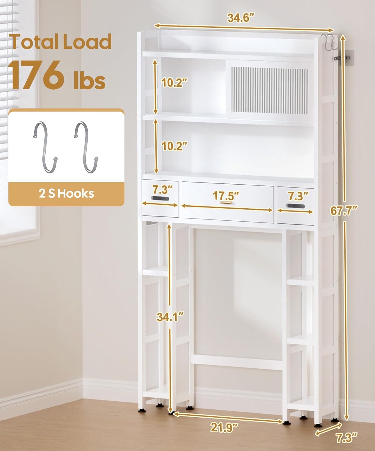 Over The Toilet Storage Cabinet with Acrylic Sliding Door Panel, Bamboo Organizer Shelf with 2 Paper Drawers and 1 Big Drawer,Space Saver Rack for Bathroom (White)