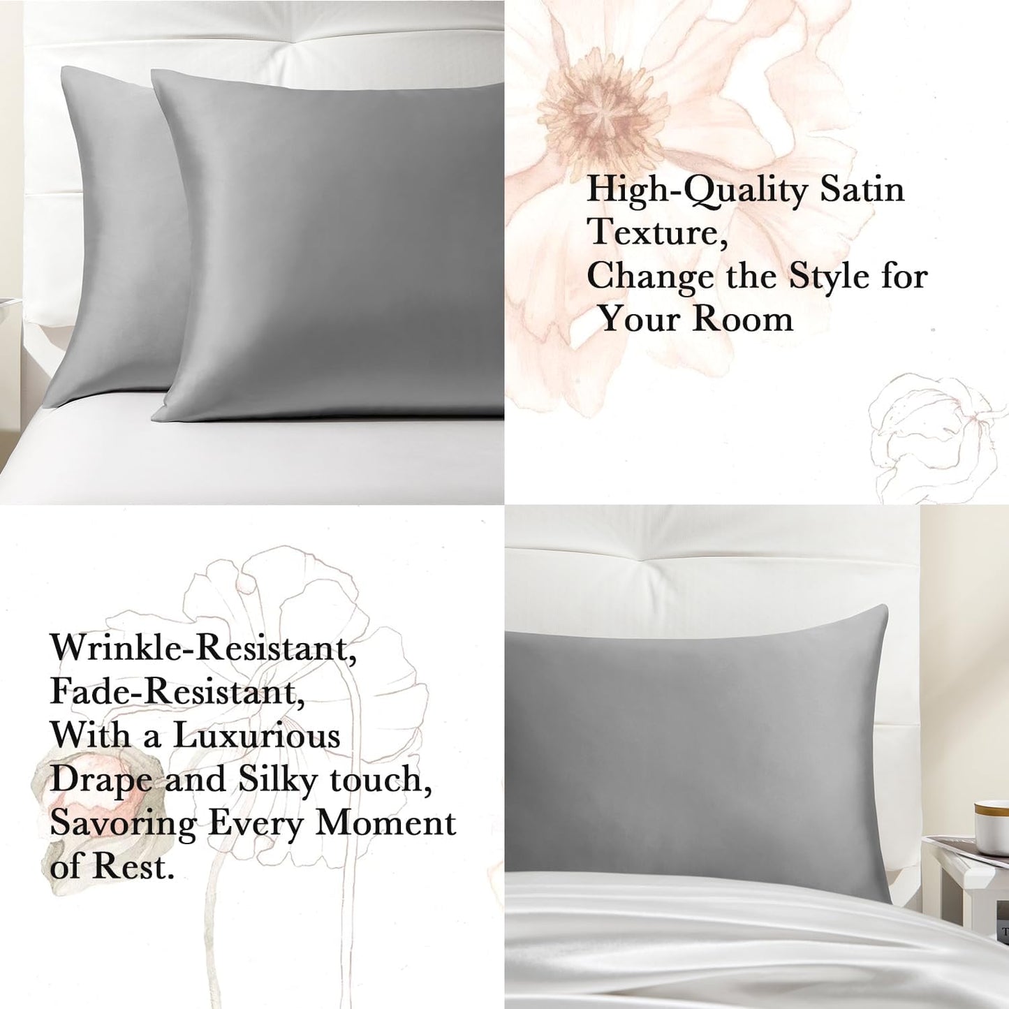 Softhour Silky Pillowcase, King Size 20 x 36 Inches, Dark Gray, Premium Satin Pillow Cases with Zipper Closure for Hair and Skin