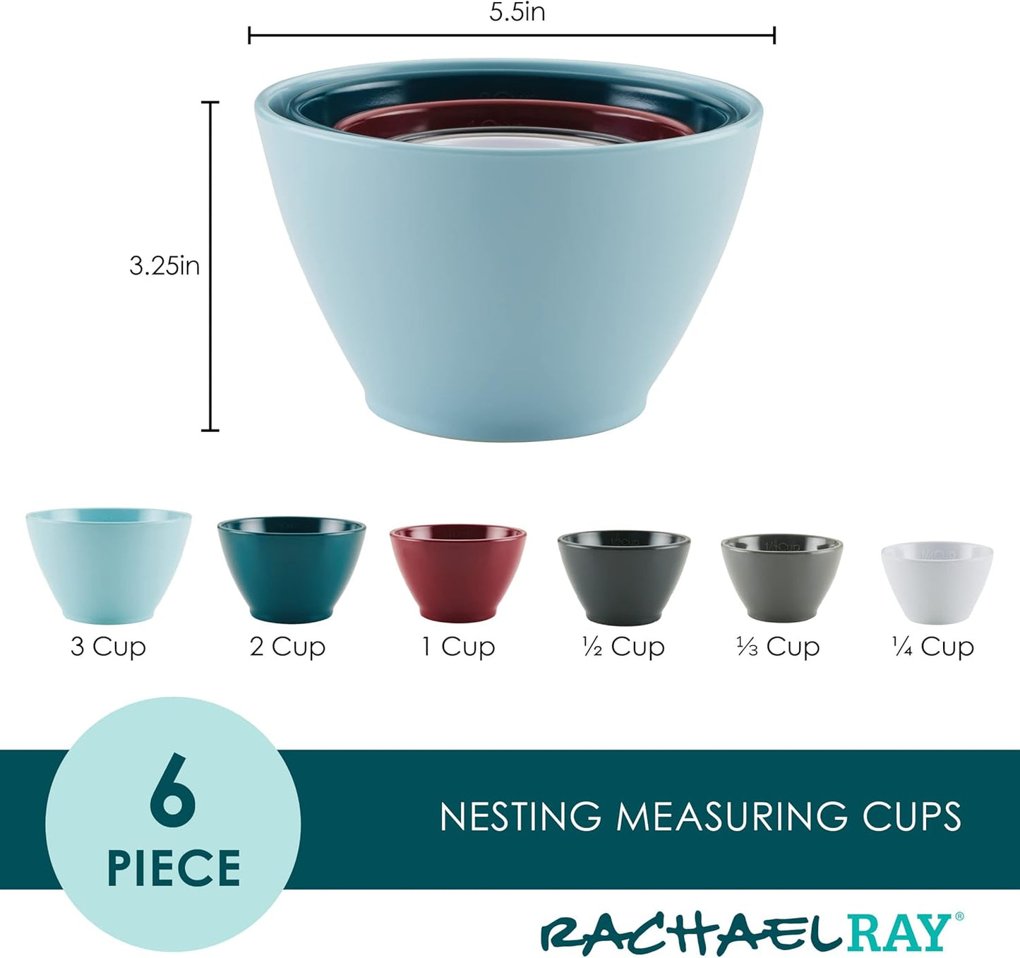 Rachael Ray Tools and Gadgets Nesting/Stackable Measuring Cups Set, 6 Piece - Assorted Colors