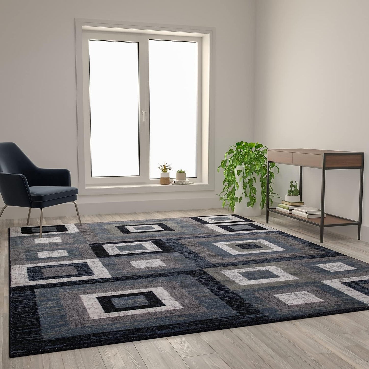 NEW - Flash  Furniture  8ft x 10ft Gideon Collection Abstract Area Rug - Blue, Grey, and White Olefin Facing - Cotton Backing - Living Room or Bedroom - Retail $174