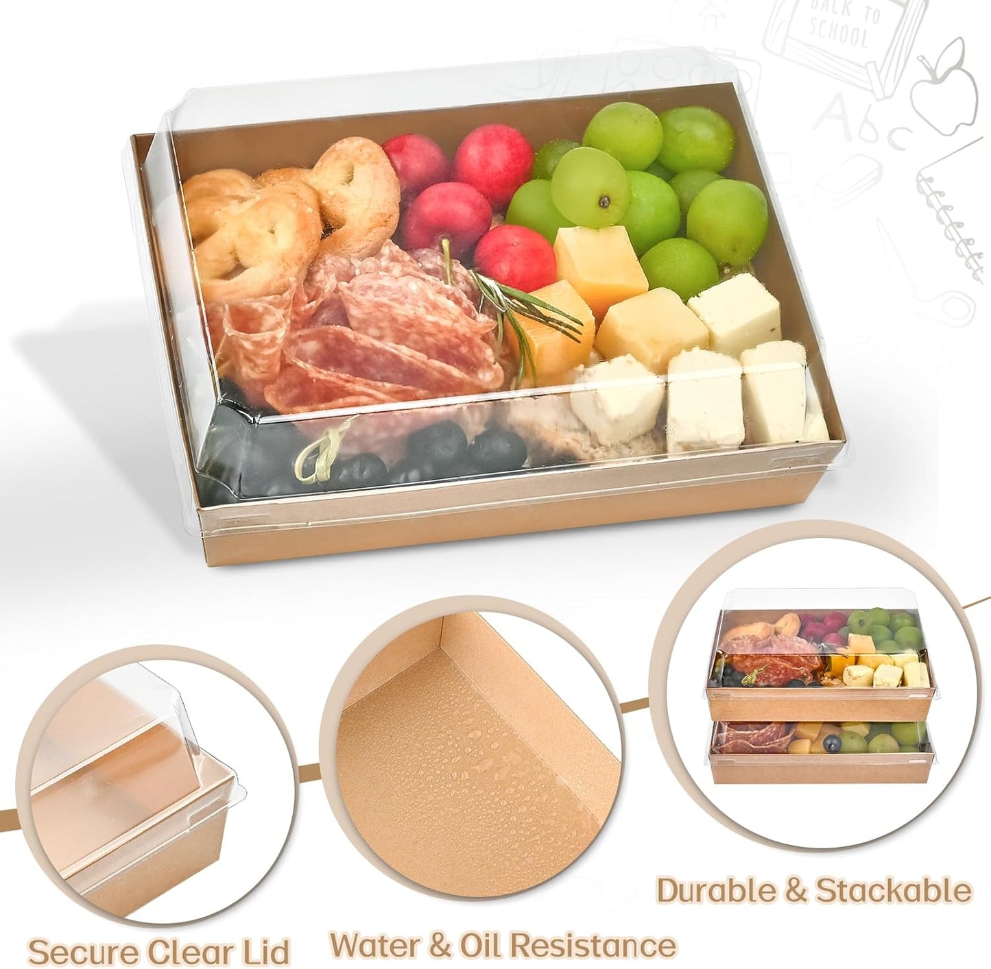 Ocmoiy 7x5 Inch Charcuterie Boxes with Clear Lids, 50 Pack Paper Bakery Boxes with Window, Disposable Take Out Food Containers for Sandwiches, Strawberries, Cookies, Cupcakes (Brown)