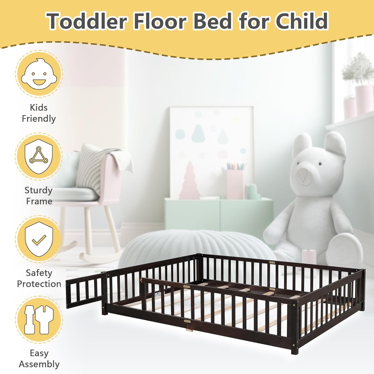 NEW - Dolonm QUEEN Size Montessori Bed, Toddler Floor Bed for Kids, Floor Platform Bed with Fence Guardrails and Door, Montessori Floor Bed Frame, Wooden Floor Bed Toddler, Espresso