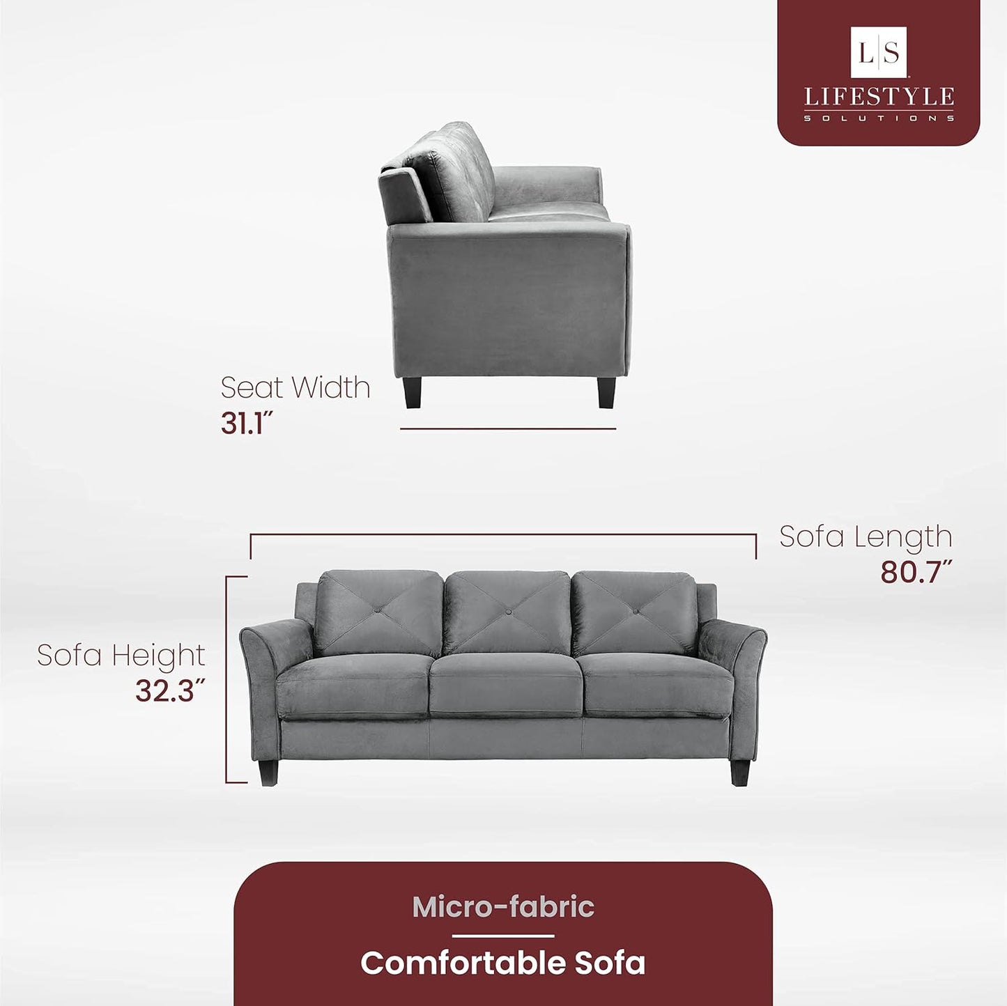 NEW - Lifestyle Solutions Collection Grayson Micro-Fabric Sofa, Dark Grey - Retail $272
