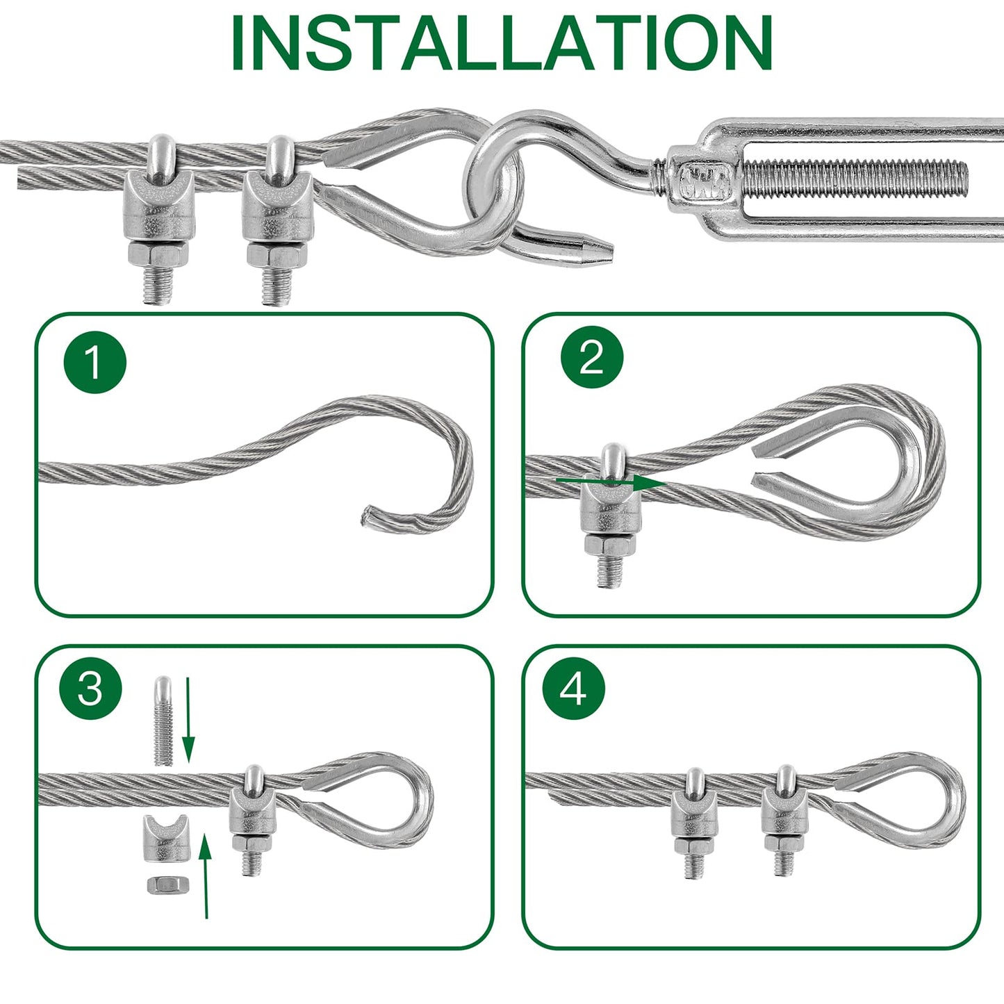 4PCS M6 Hook & Eye Turnbuckle 304 Stainless Steel Turnbuckle Wire Rope Tension, 8PCS M3 Stainless Steel Thimble, 16PCS M3 Wire Rope Clip Clamp, Cable Railing Kit