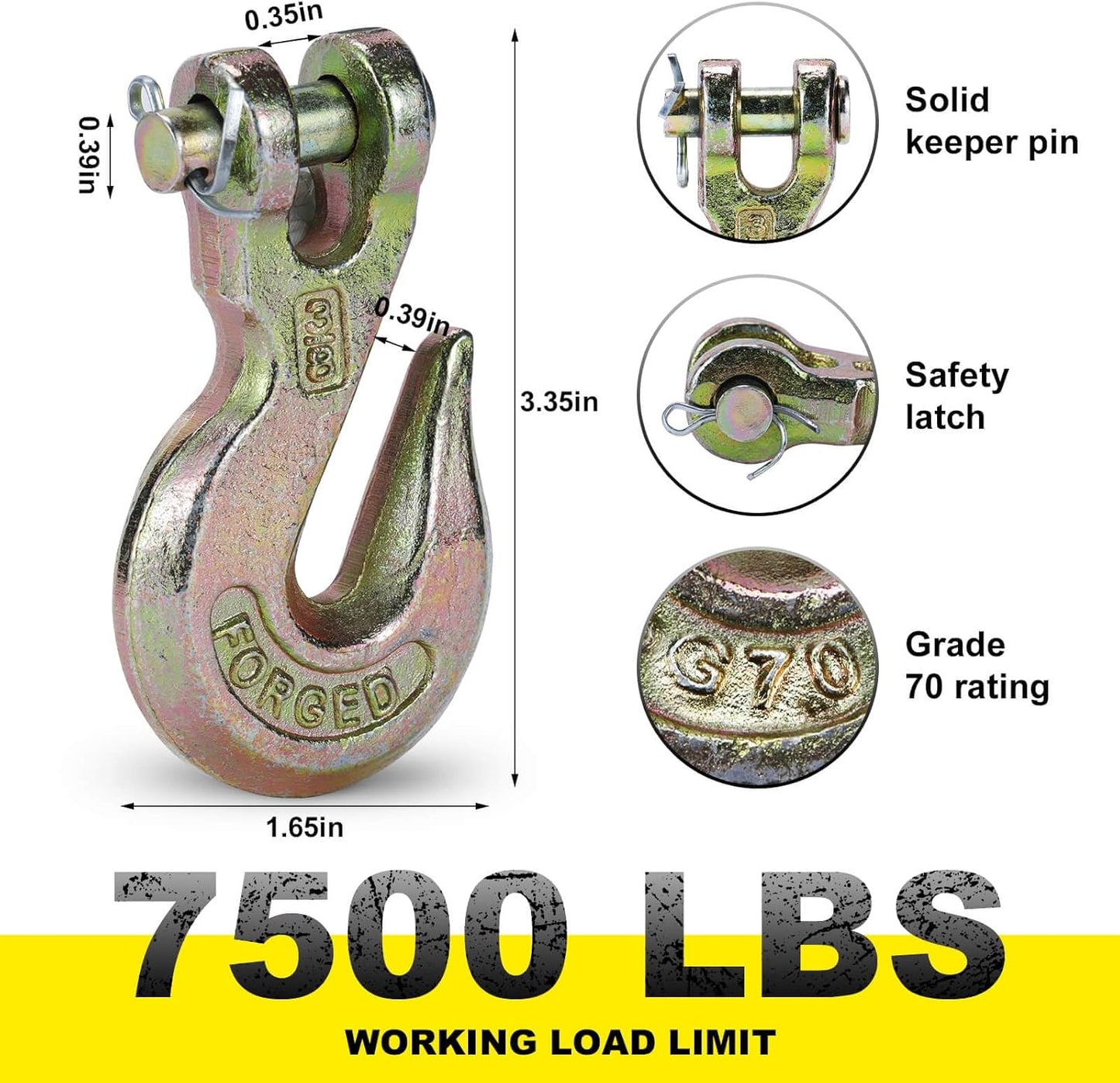 G70 3/8 Chain Hook Heavy Duty Clevis Grab Hook for 3/8 Inch Grade 70 Chain - for Trailer Truck Transport Yellow Chromate Finish (4Pack)