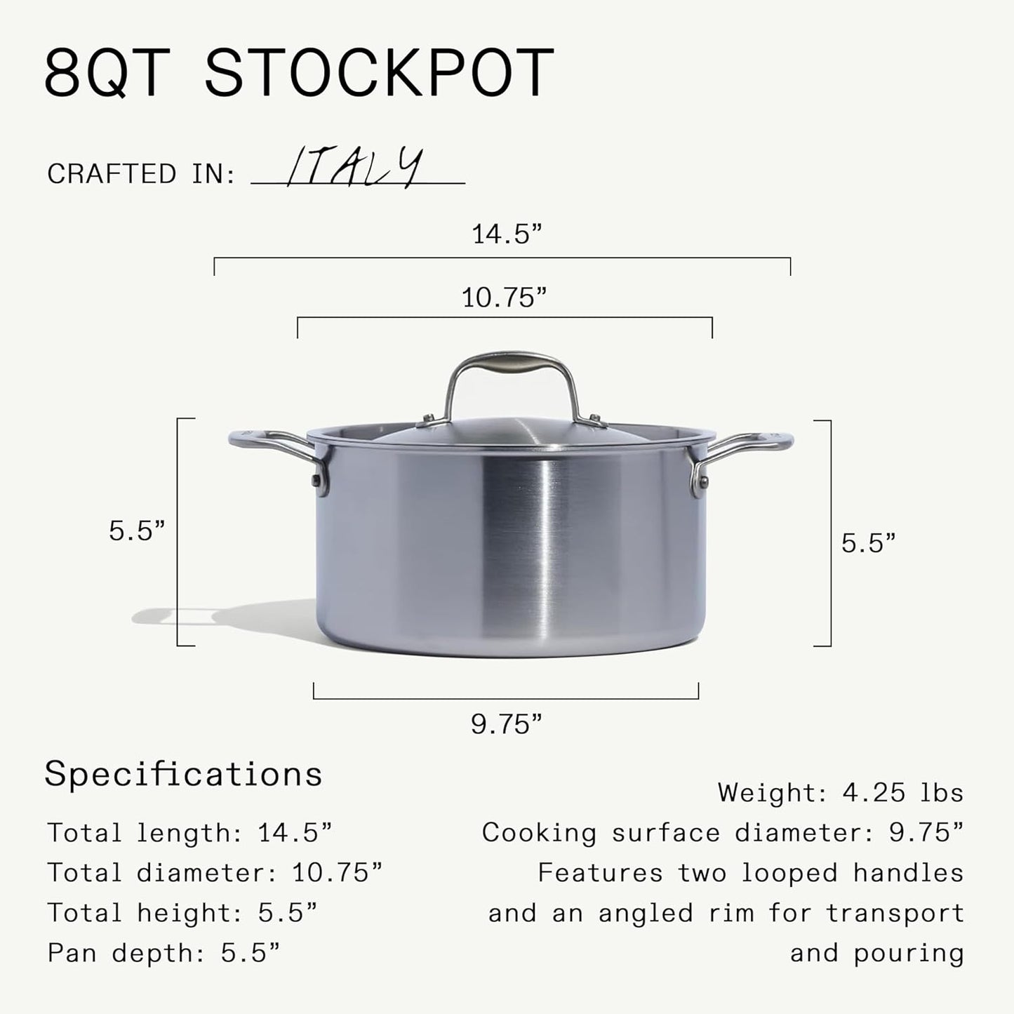 Made In Cookware - 8 Quart Stainless Steel Stock Pot With Lid - 5 Ply Stainless Clad - Professional Cookware - Crafted in Italy - Induction Compatible