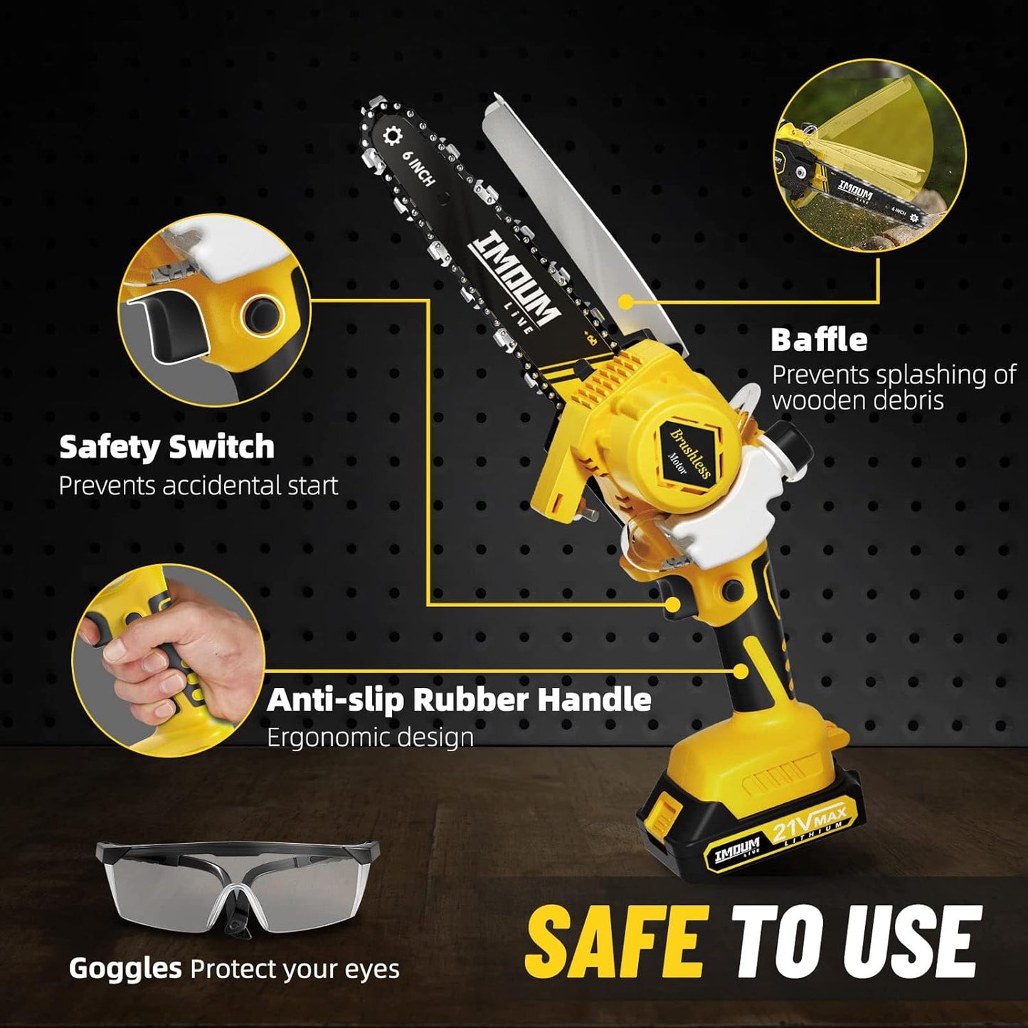 NEW - Mini Chainsaw Cordless 6'' with 2Ã—21V Battery, IMOUMLIVE Brushless Powerful Electric Small Hand Portable Chain Saw with Auto Oiler, Lightweight, 2.2 lbs, Handheld, Easy For Pruning, Cutting, Trimming - Retail $78