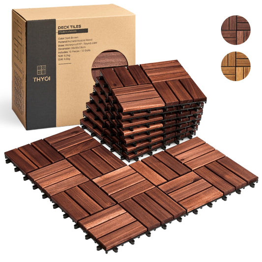 Set 10 Premium Deck Tiles, Interlocking Deck Tile, Wooden Patio Flooring Outdoor Waterproof, Acacia Wood Decking All Weather for Balcony Indoor and Outdoor Use (Dark Brown, Round Joints)