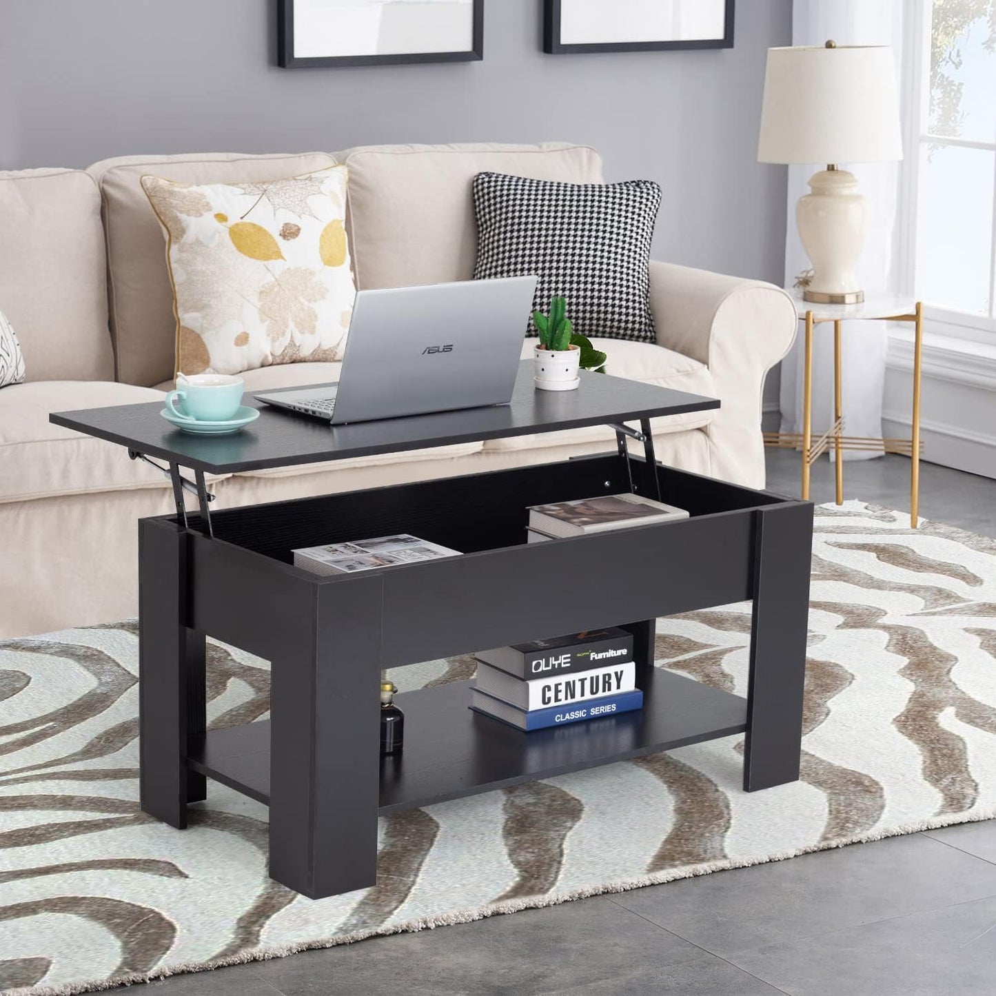 NEW - FDW Lift Top Coffee Table with Hidden Compartment and Storage Shelf Wooden Lift Tabletop for Home Living Room Reception Room Office (Black) - Retail $61