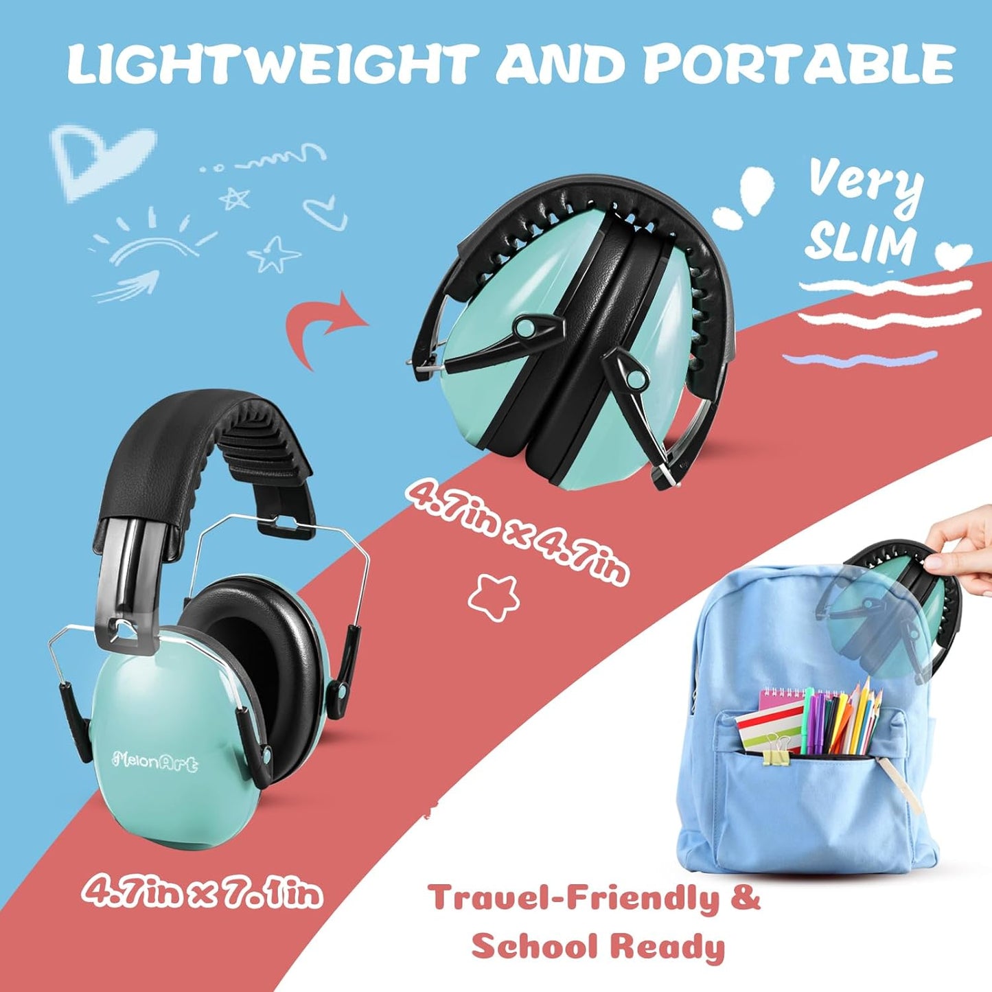 MelonArt Kids Ear Protection Earmuff Headphones for Noise Reduction (Mint & Pink & Orange)