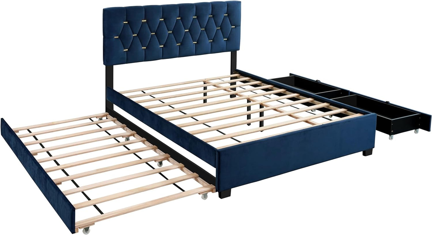 NEW - Oudiec Upholstered Queen Size Platform Bed with Trundle and Drawers for Bedroom/Guest Room, Pine Bedframe w/Wood Slat Support, No Box Spring Required,Blue - Retail $219