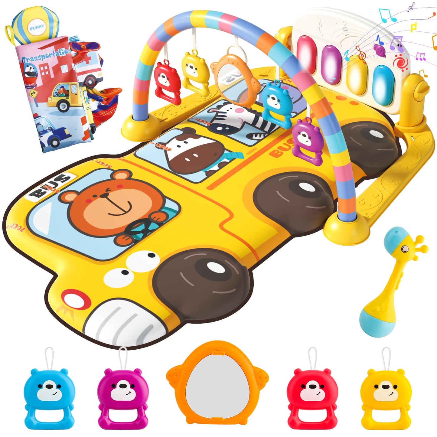 Cartoon Bus Theme Baby Piano mat Kick and Play Gym playmat,Baby Play mat Tummy time mat Fitness Piano with Music and Lights (Bus Baby Play mat(Yellow))