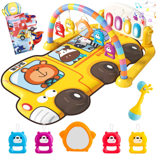 Cartoon Bus Theme Baby Piano mat Kick and Play Gym playmat,Baby Play mat Tummy time mat Fitness Piano with Music and Lights (Bus Baby Play mat(Yellow))