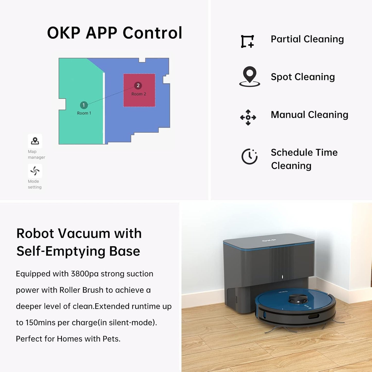 NEW - OKP L3 Robot Vacuum with Self-Empty Base, 90-Day Capacity, 200mins Runtime, Lidar Navigation, Home Mapping, Schedule, WiFi/App/Alexa, Robotic Vacuum Cleaner for Pet, Hard Floors, Carpet