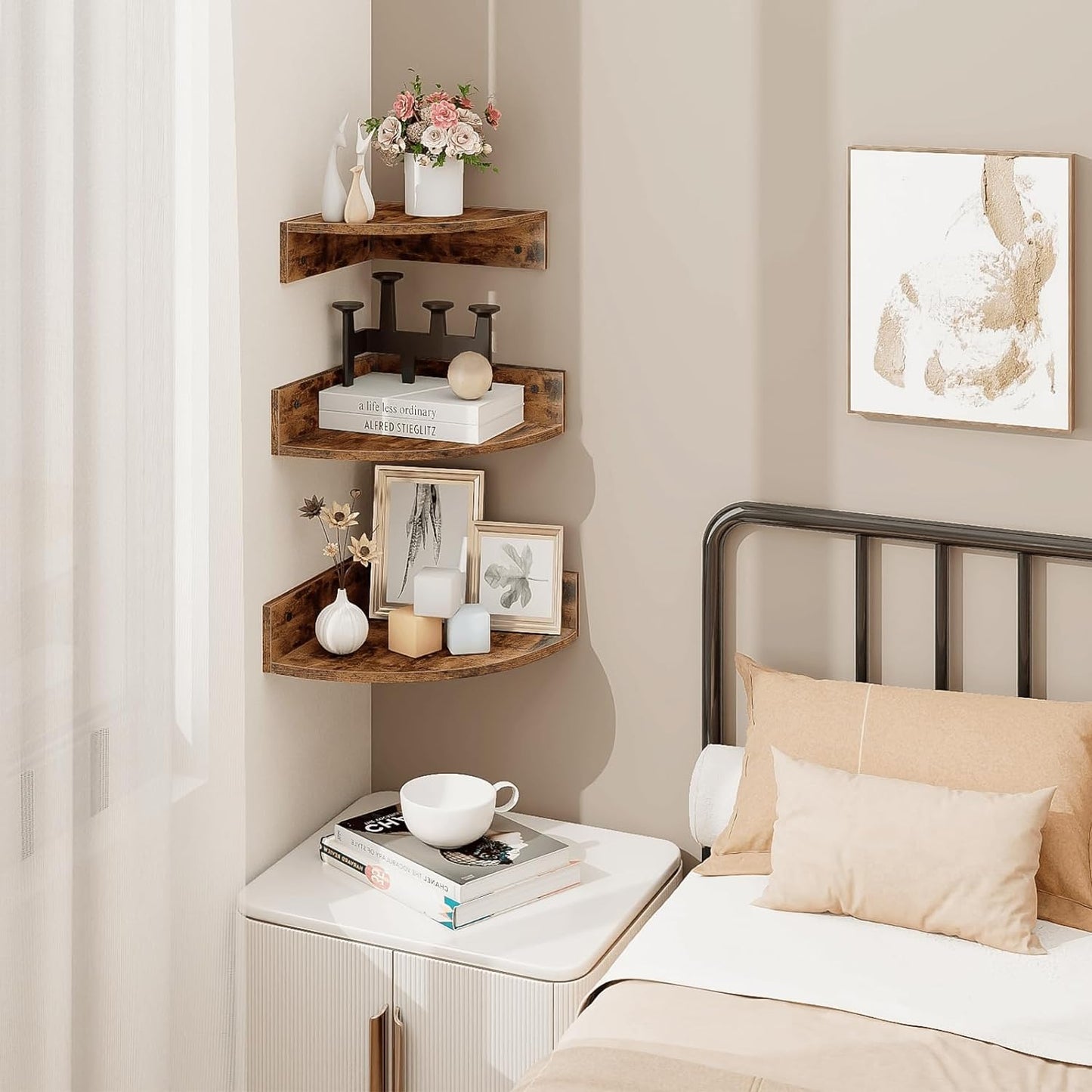 Homode Brown Corner Floating Shelves, Set of 3 Corner Shelves Wall Mounted with Cable Hole