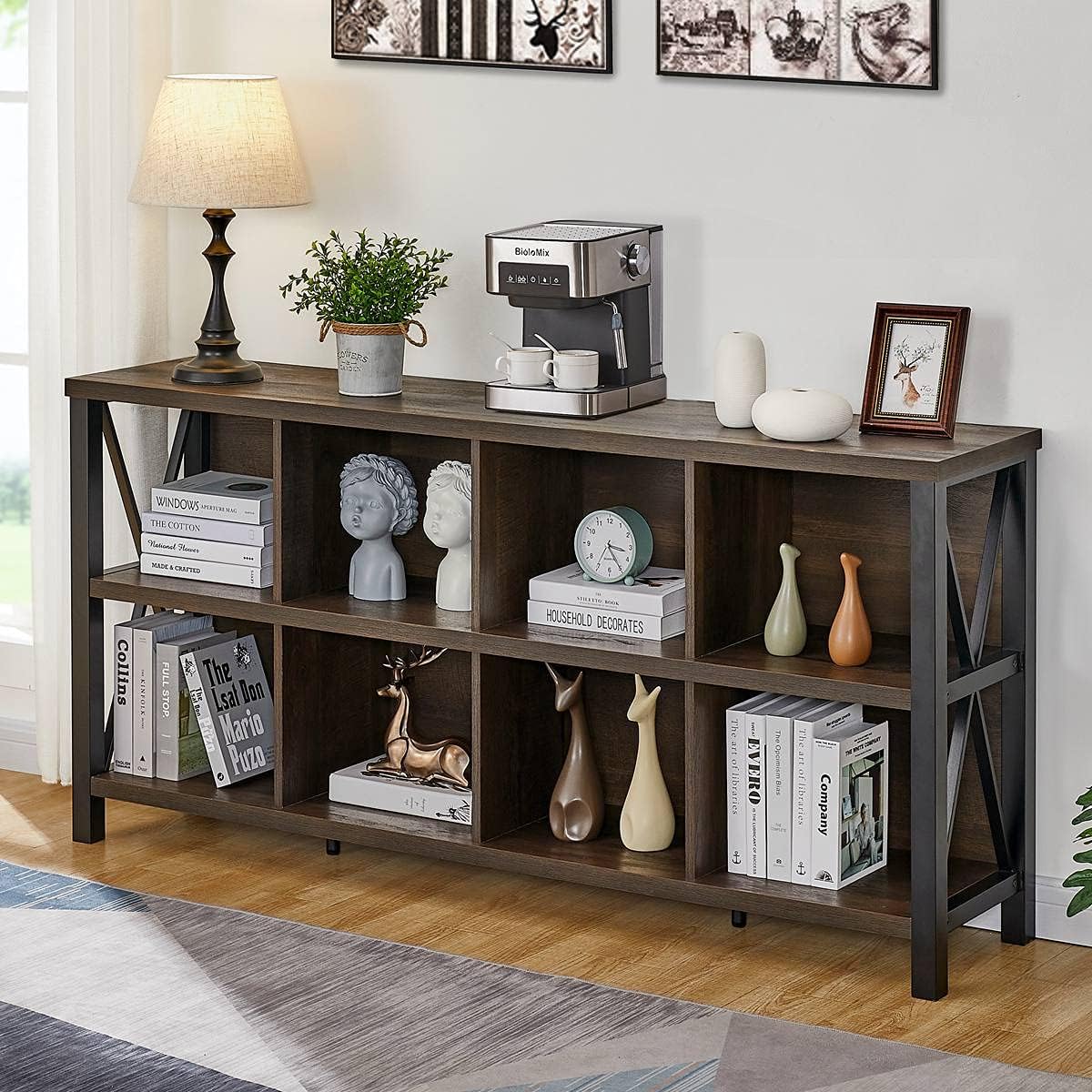 NEW - FATORRI 8 Cube Storage Organizer Bookshelf, Rustic Wood Cubby Bookcase, Industrial Horizontal Long Shelf for Living Room (Walnut Brown, 62 Inch) - Retail $229