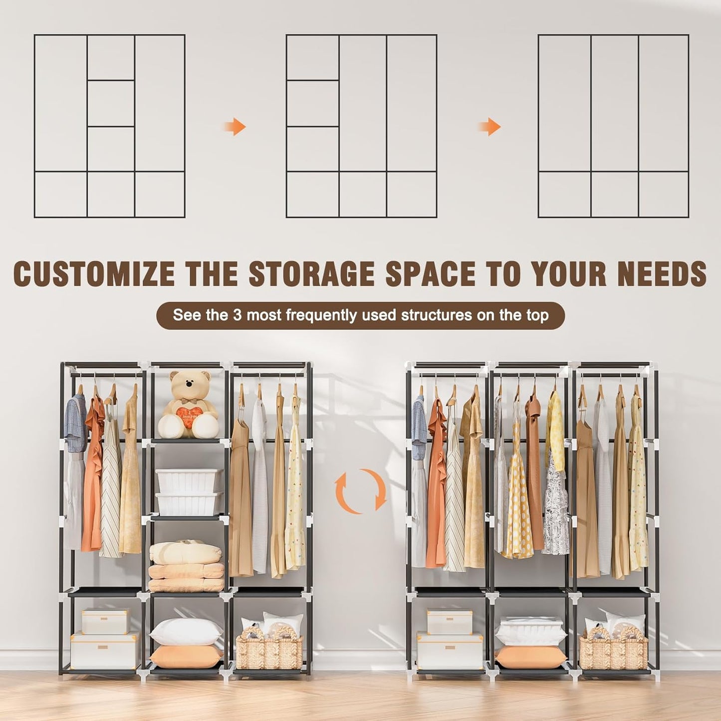 Wardrobe Closet，Portable Closets for Hanging Clothes,Free Standing Clothes Rack with Cover & 3 Hanging rods & 6 Storage Shelves & 2 Side Pockets