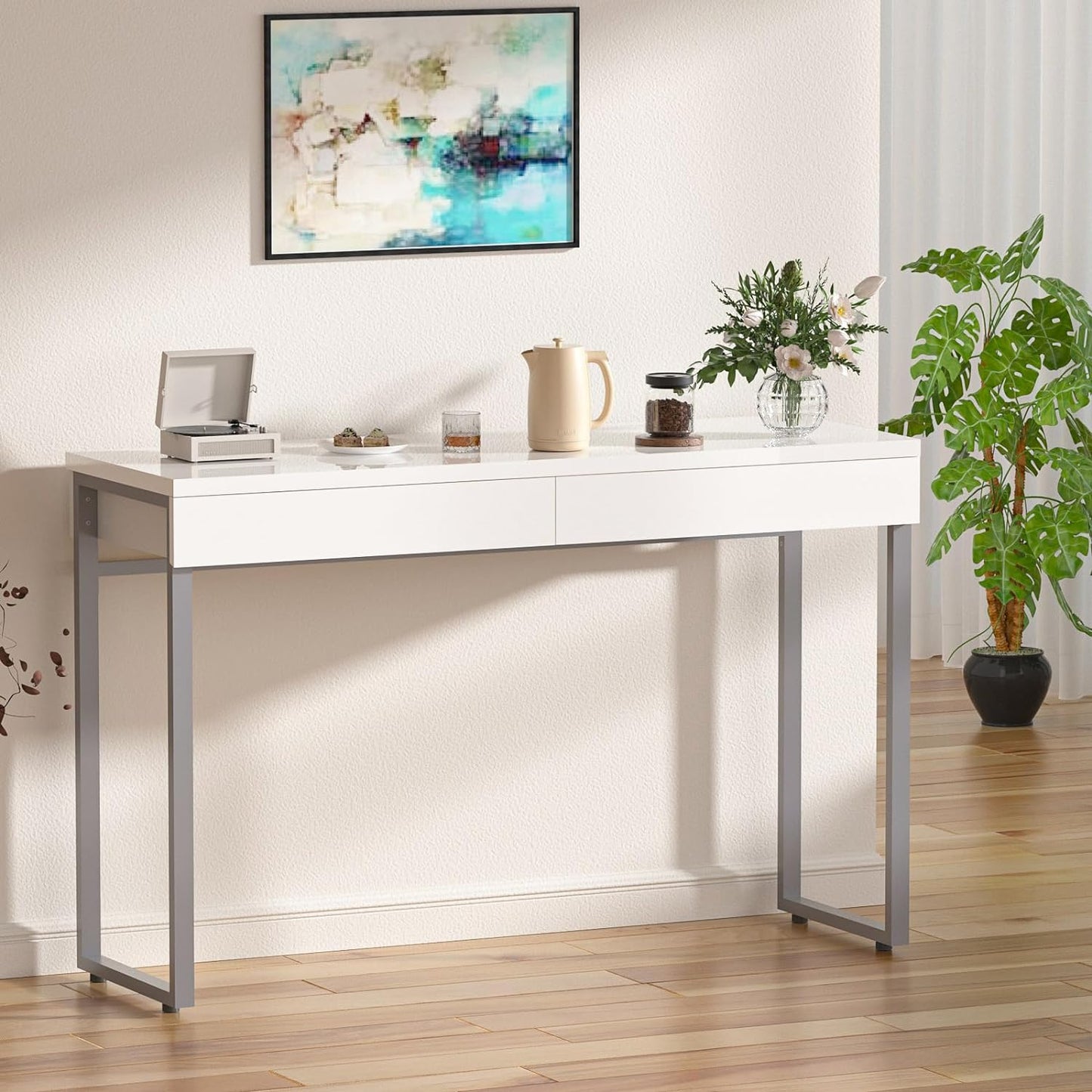 NEW w/ dmg - GreenForest Vanity Desk with 2 Drawers Glossy White 39 inch Modern Home Office Computer Desk Makeup Dressing Console Table with Metal Silver Legs for Small Spaces,Silver - Retail $159