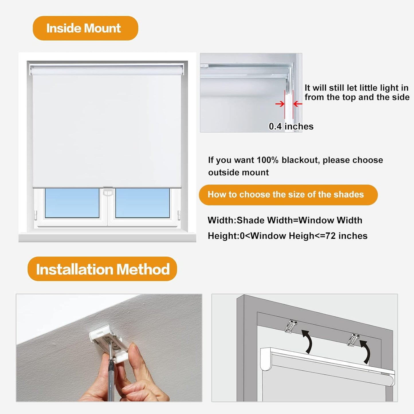 Persilux Cordless Window Roller Shades (24" W x 72" H, White) 100% Blackout Window Blinds UV Protection