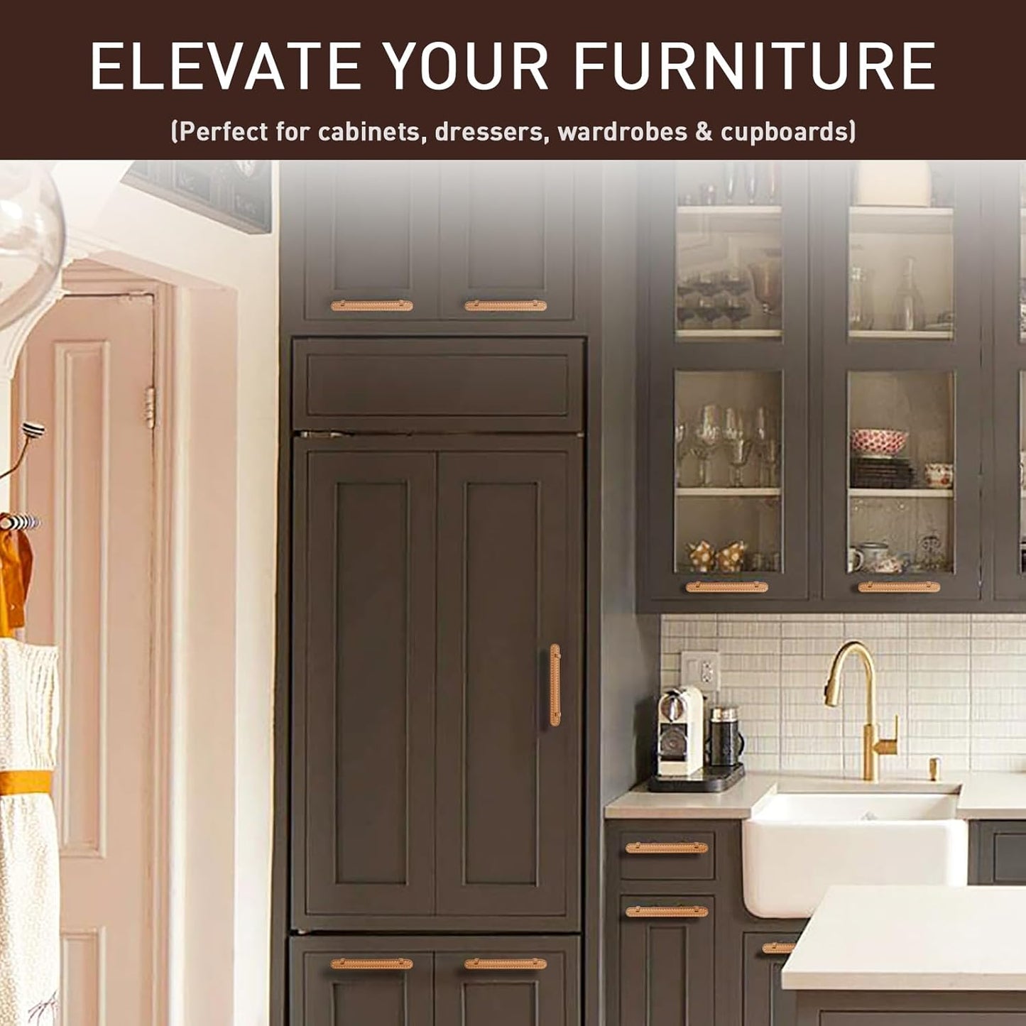 2 Pack Leather Cabinet Handle Pulls 5” Hand-Stitch Brown Leather Drawer Pulls Dresser Handle Pulls for Cabinets Cupboards Dressers Drawers Bedroom Leather Pulls