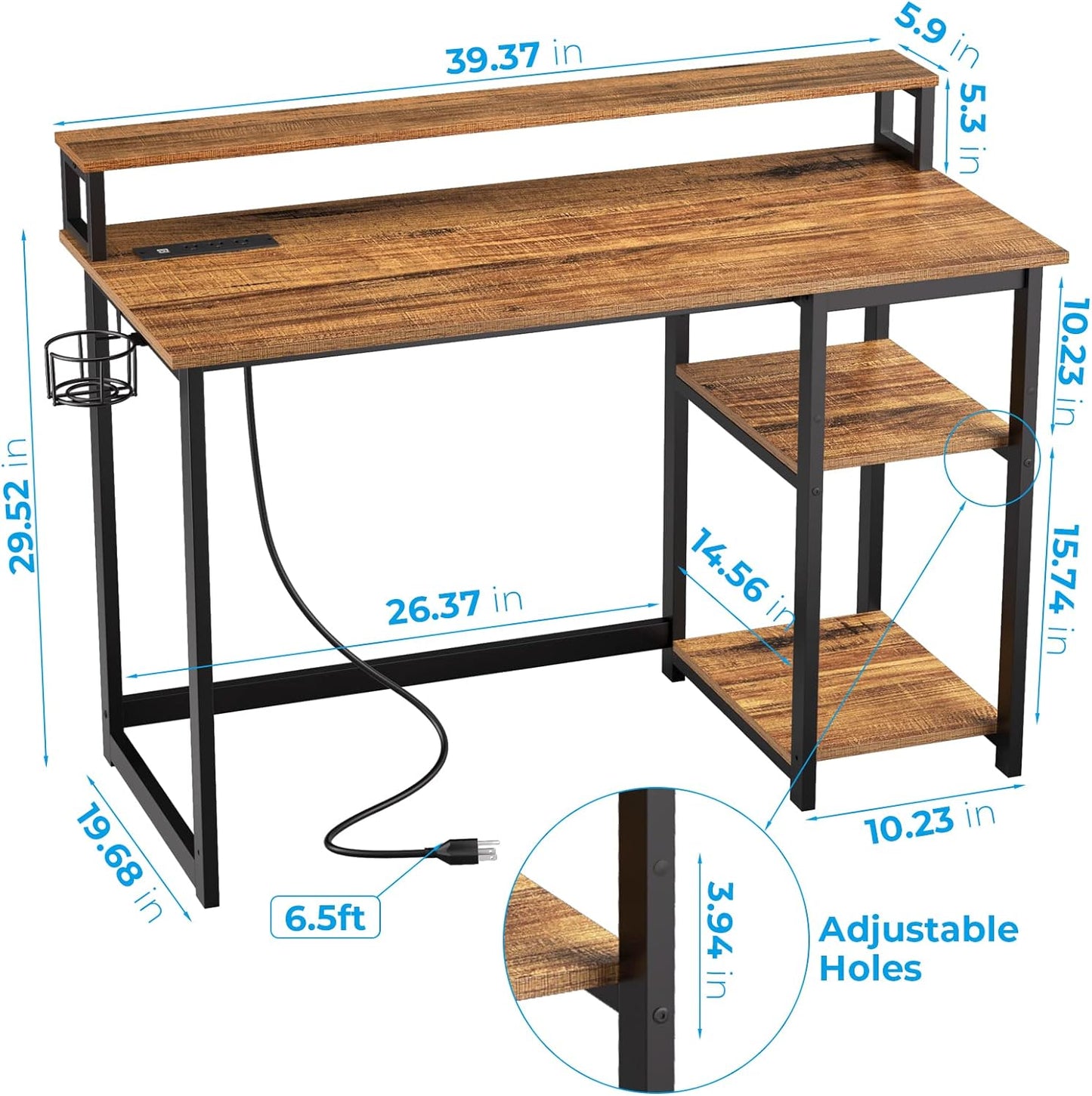NEW - GreenForest Computer Desk with USB Charging Port and Power Outlet, Reversible Home Office Desk with Monitor Stand and Storage Shelves, 40 inch Work Desk with Cup Holder and Hook, Walnut - Retail $99