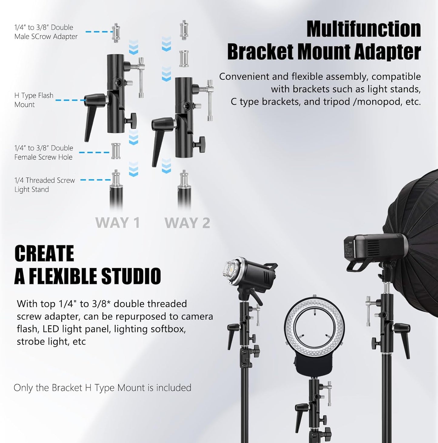 EMART Camera Flash Bracket H Type Mount with Umbrella Softbox Holder, 180° Swivel Adjustable Metal Light Stand Adapter with 1/4" to 3/8" Screw for Speedlite LED Tripod (2 Pack)