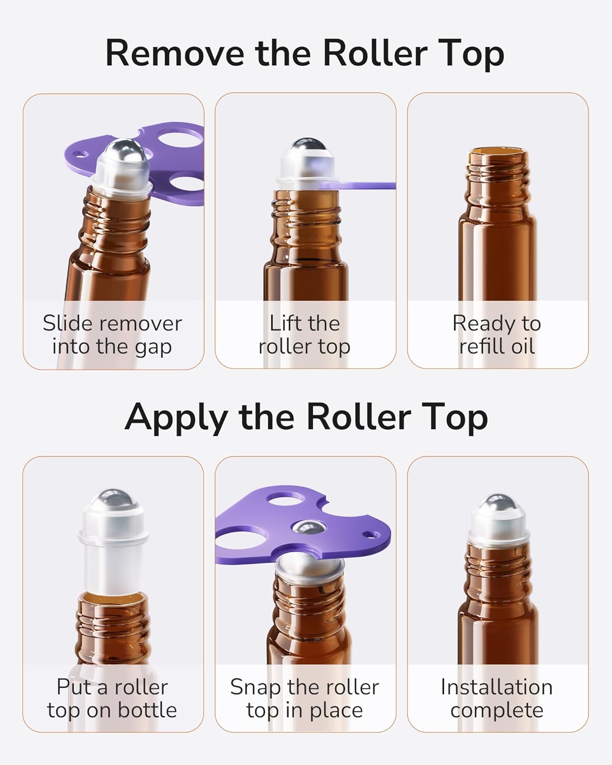 Essential Oil Roller Bottles 8/48 Pack 10ml - ULG Glass Empty Roll on Bottles with Stainless Steel Roller Balls (Amber, 48count)