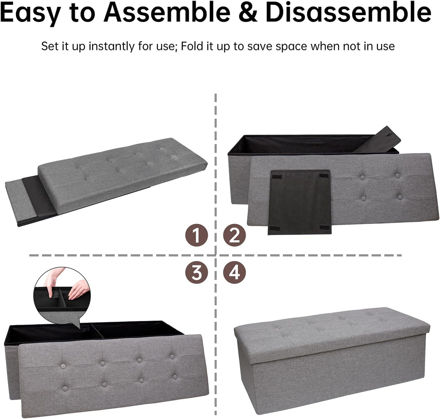 GLAXYFUR 43.3 inches Folding Storage Ottoman Bench Storage Chest Footrest for Bedroom, Entryway and Living Room, Holds up to 660 lb Dark Grey - Retail $45