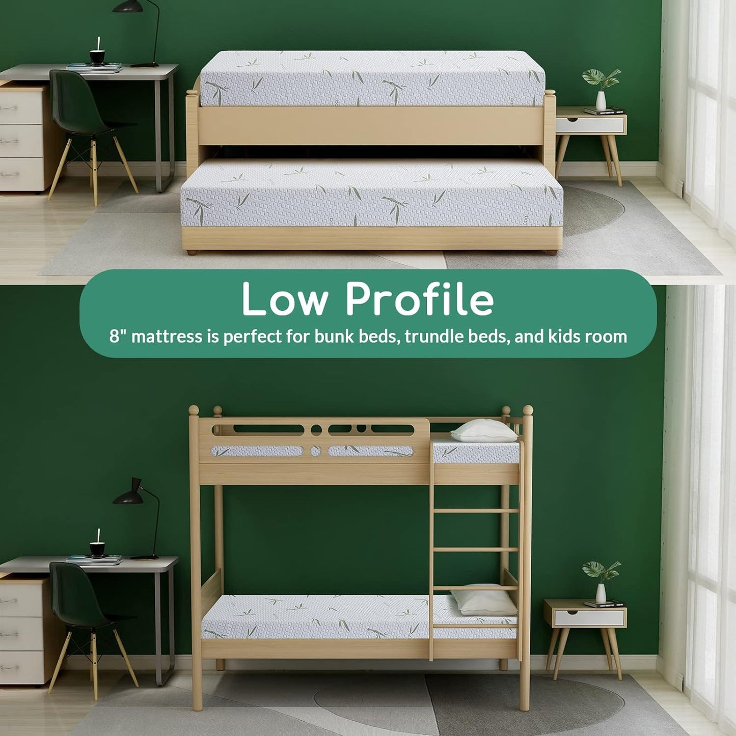 NEW - Airdown Twin Mattress, 8 Inch Memory Foam Mattress in a Box for Kids with Breathable Bamboo Cover, Medium Firm Green Tea Gel Mattress for Bunk Bed, Trundle Bed, CertiPUR-US Certified, Made in USA - Retail $169