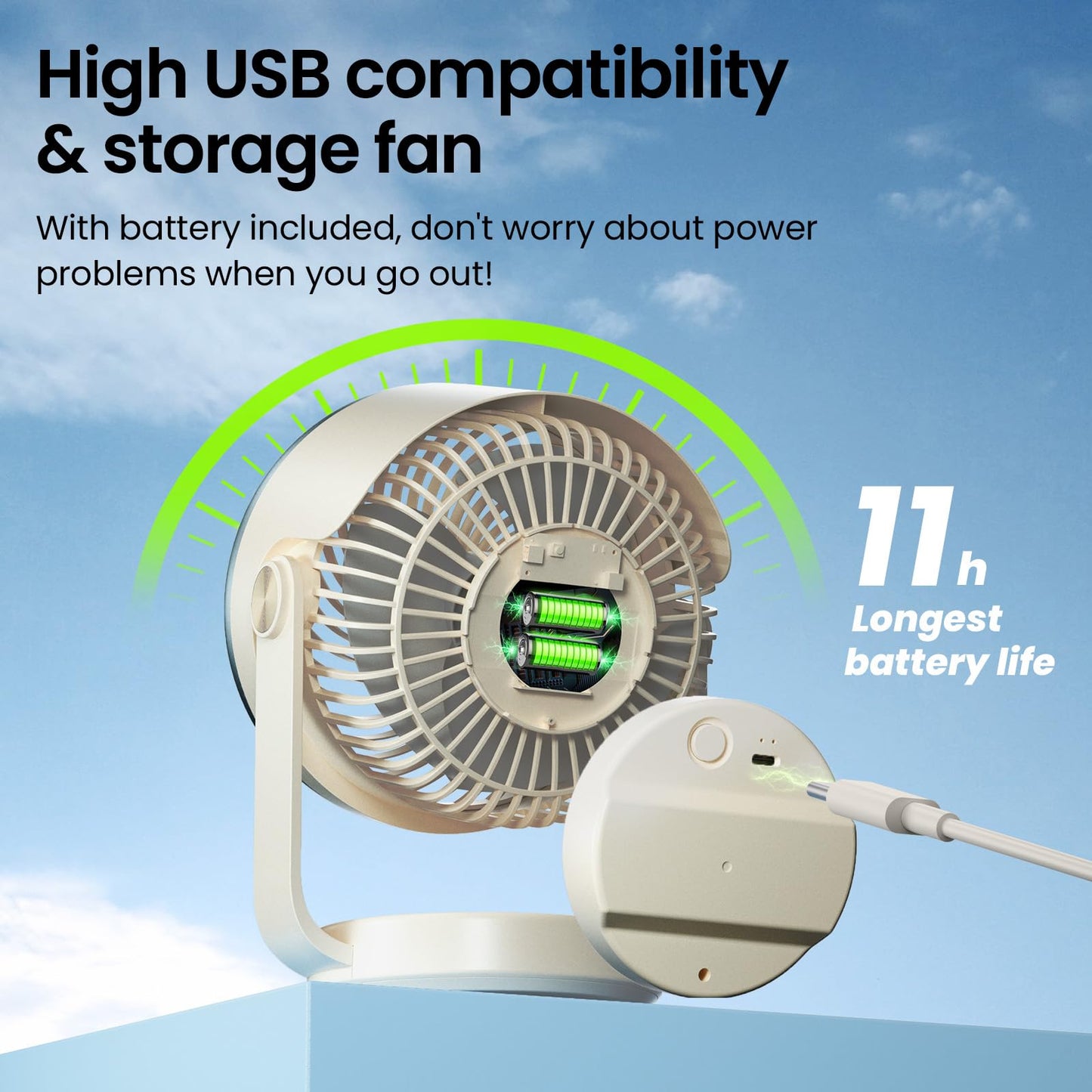 Desk Fan, 10 inch Air Circulator Quiet Operating Fan for Bedroom, 70ft Strong Airflow, Portable Fan Battery Operated with USB (D-Grey)