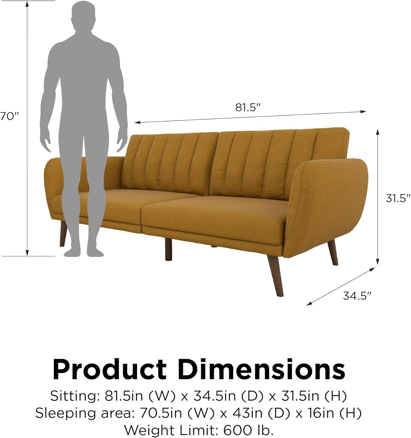 NEW - Novogratz Brittany Sofa Futon - Premium Upholstery and Wooden Legs - Mustard - Retail $232