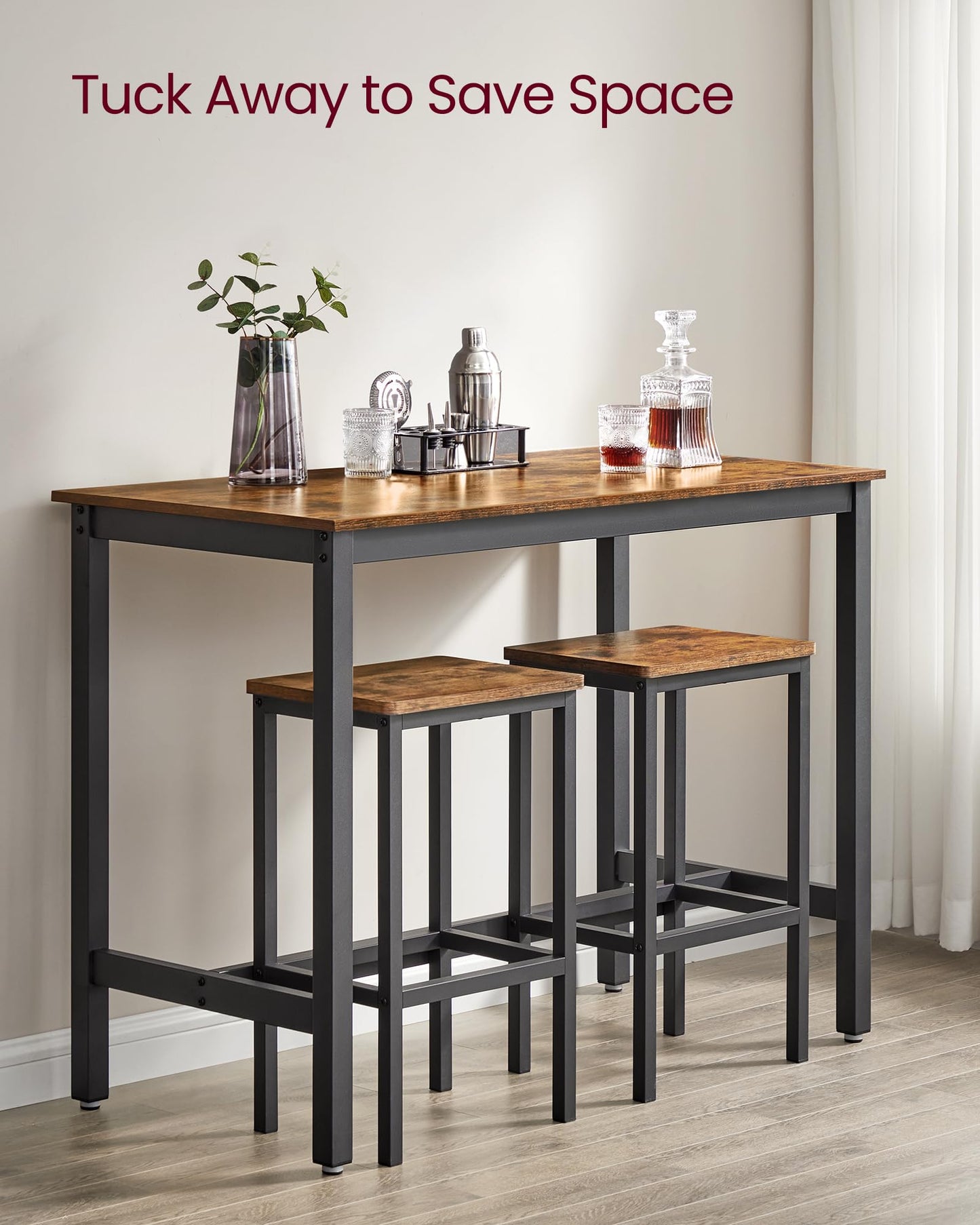 VASAGLE Bar Table and Chairs Set, Rectangular Table with 2 Stools, Dining Pub Set for 2