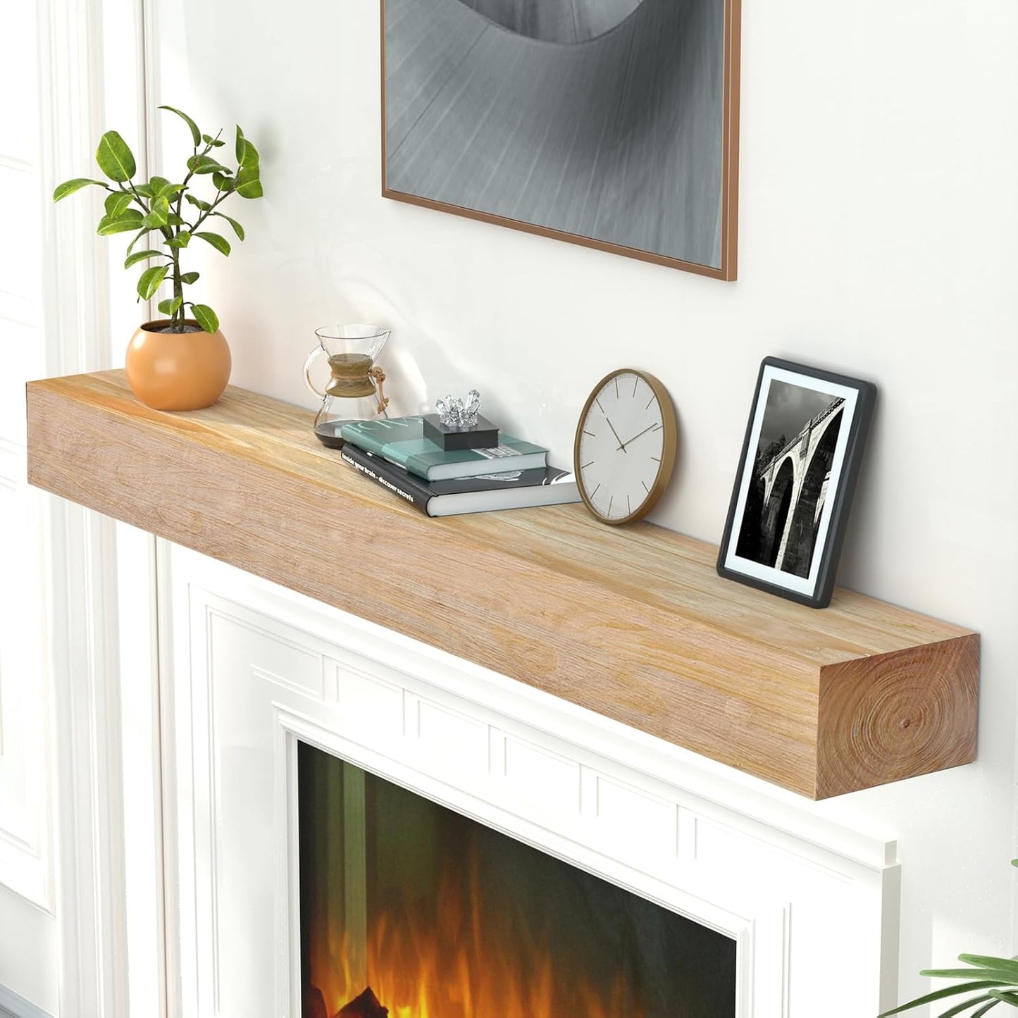 NEW - ROOMTEC Fireplace Mantel,60" Wood Floating Fireplace Shelves,Wall Mounted Wooden Display Shelving,Handcrafted Wood Brack,Natural Mantels Over Fireplace | 60" x 8" x 5"-Aged Oak - Retail $117