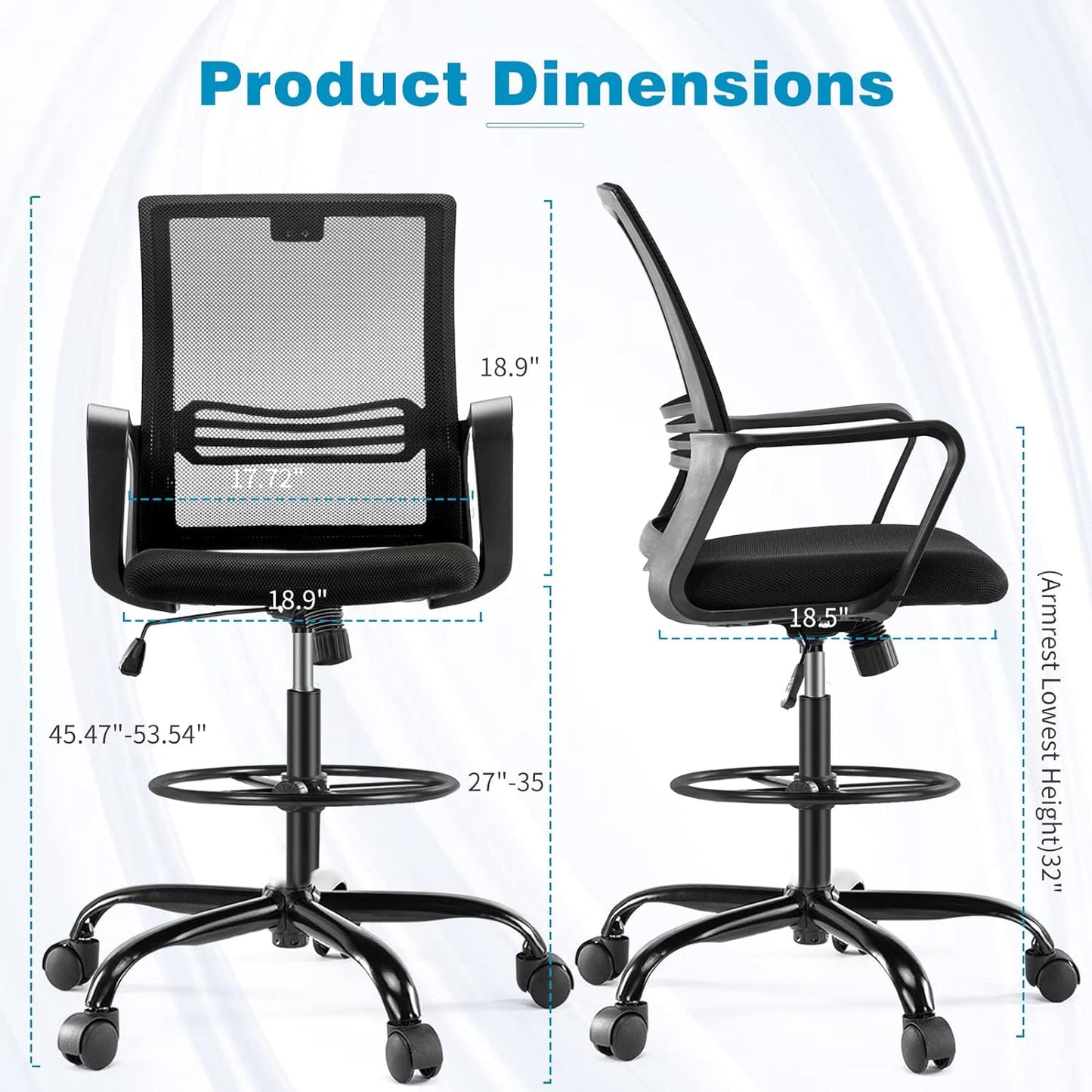NEW - Drafting Chair, Tall Office Chair with Adjustable Foot Ring, Standing Desk Chair with Ergonomic Lumbar Support and Adjustable Armrests, Swivel Rolling Tall Chair, Breathable Mesh, Height Adjustable - Retail $89