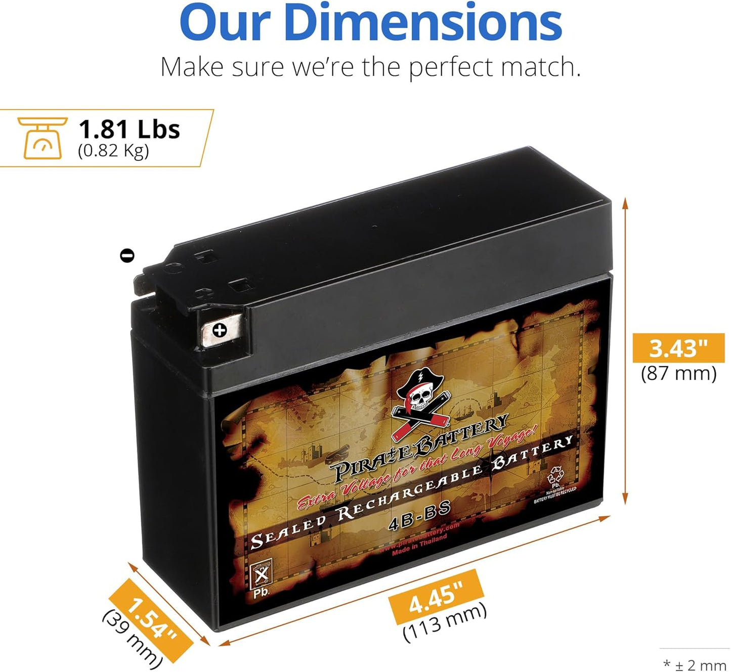 NEW - Pirate Battery 4B-BS Maintenance Free Replacement Battery for Suzuki and Yamaha Motorcycle: 12 Volts, 3 Amps, 2.3 Ah, Tab Terminal - Retail $17