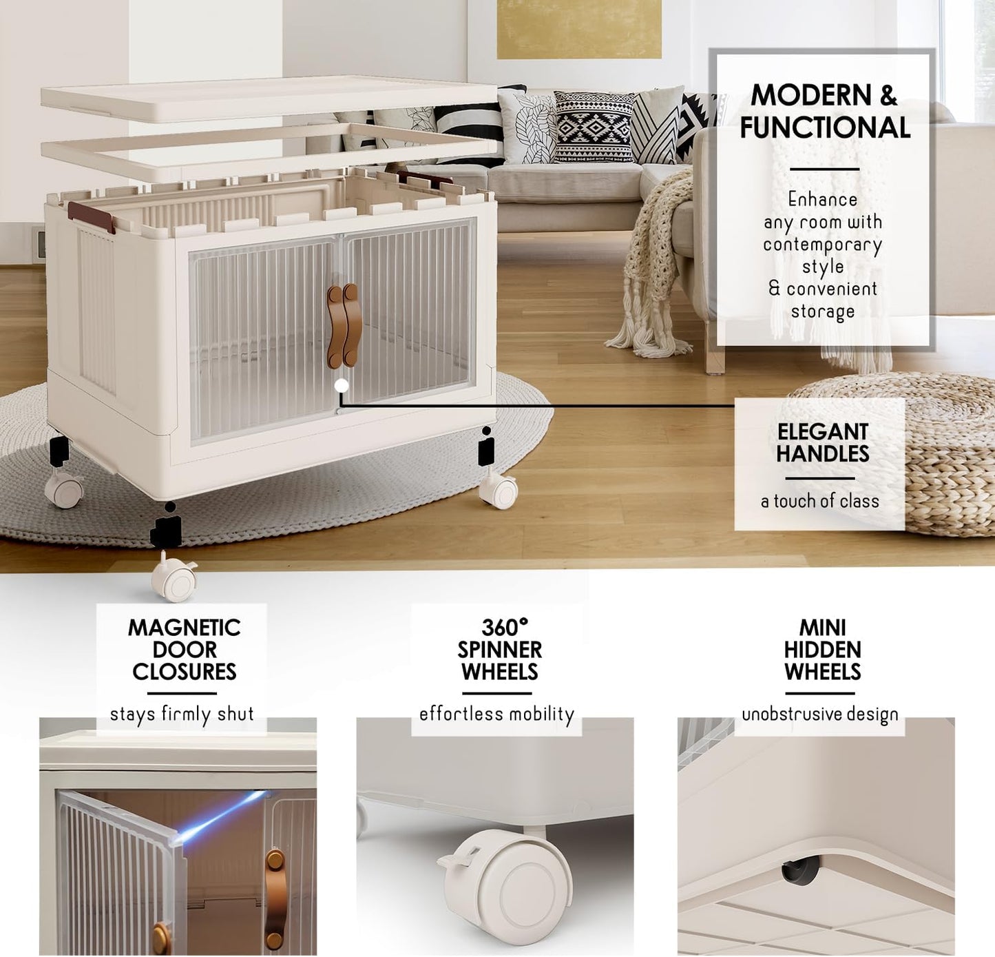 3 Pack Stackable Storage Bins with Lids 21 GAL - Collapsible Storage Bins Open Front & Top Home Closet Storage Organization, Plastic Foldable Clothes Storage Cabinet with 360° Wheels, White 84.5 QT