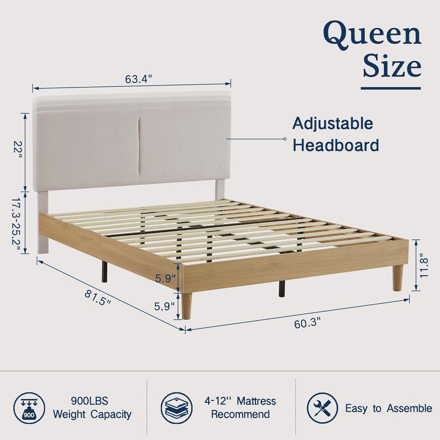 NEW - VECELO QUEEN Bed Frame Upholstered Platform Beds with Height-Adjustable Cotton and Linen Headboard, Heavy Duty Wood Slats, 6" Under-Bed Space, Noise-Free, No Box Spring Needed,Easy Assembly