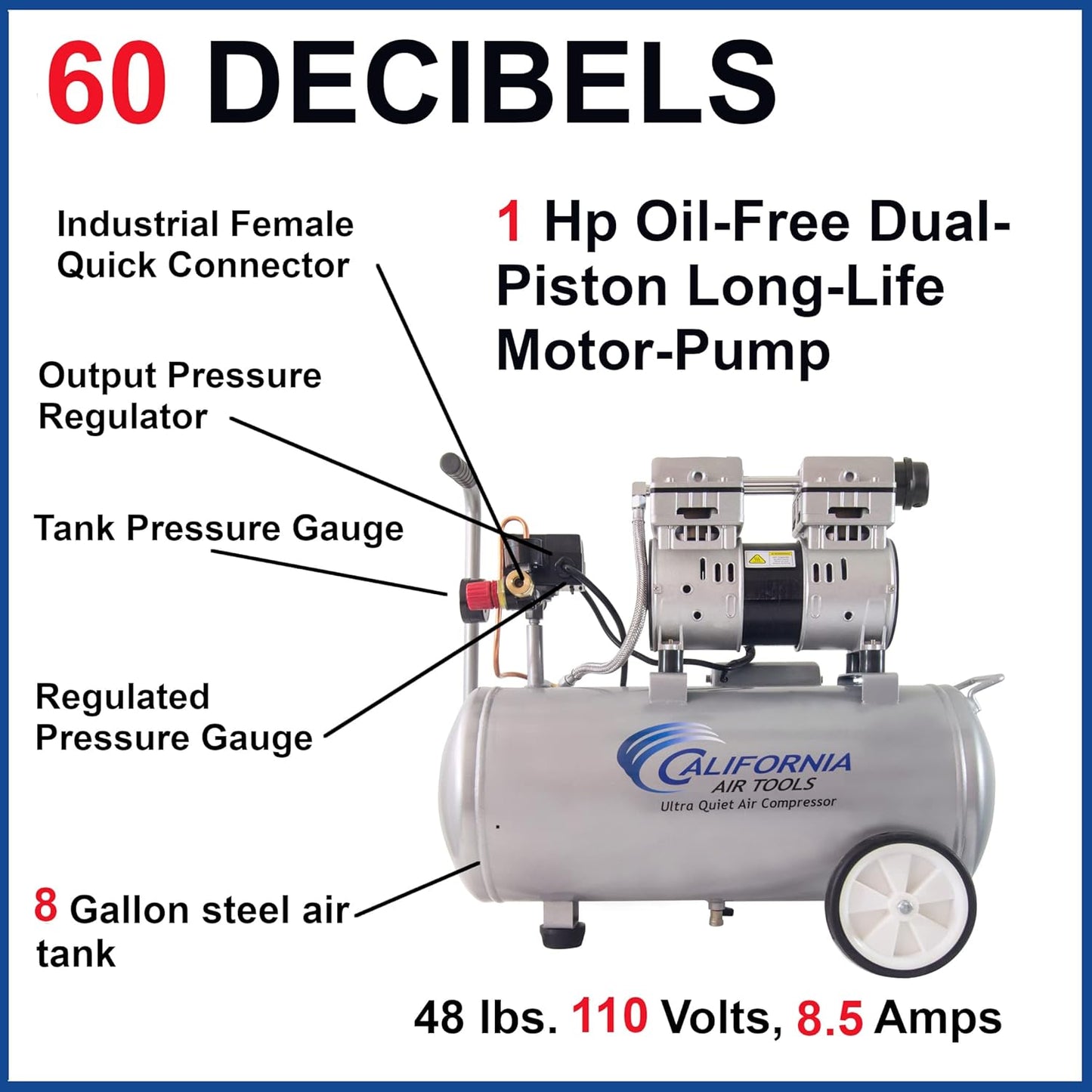 California Air Tools 8010 Steel Tank Air Compressor | Ultra Quiet, Oil-Free, 1.0 hp, 8 gal - Retail $235