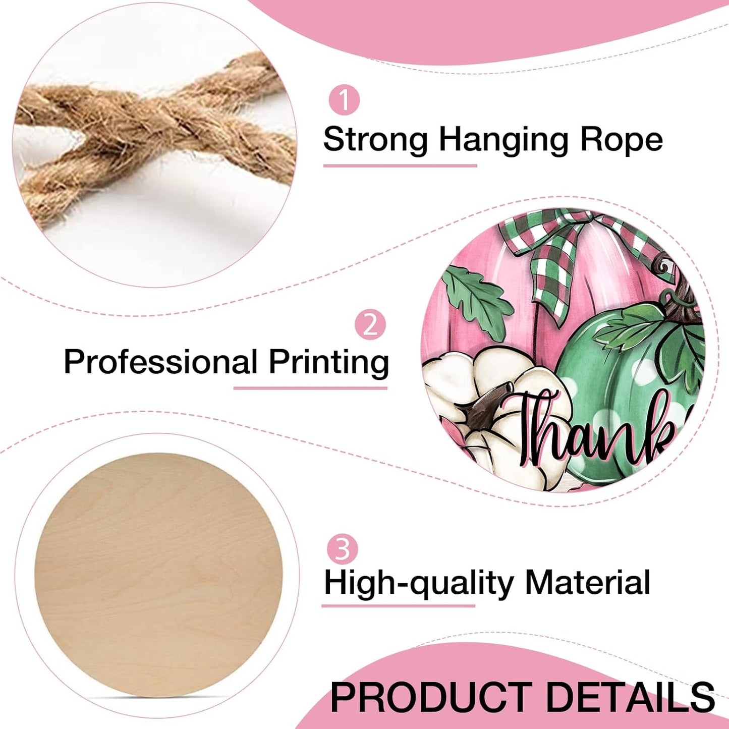 Fall Thanksgiving Thankful Pumpkin Front Door Sign, Pink Green Autumn Wood Door Hanger