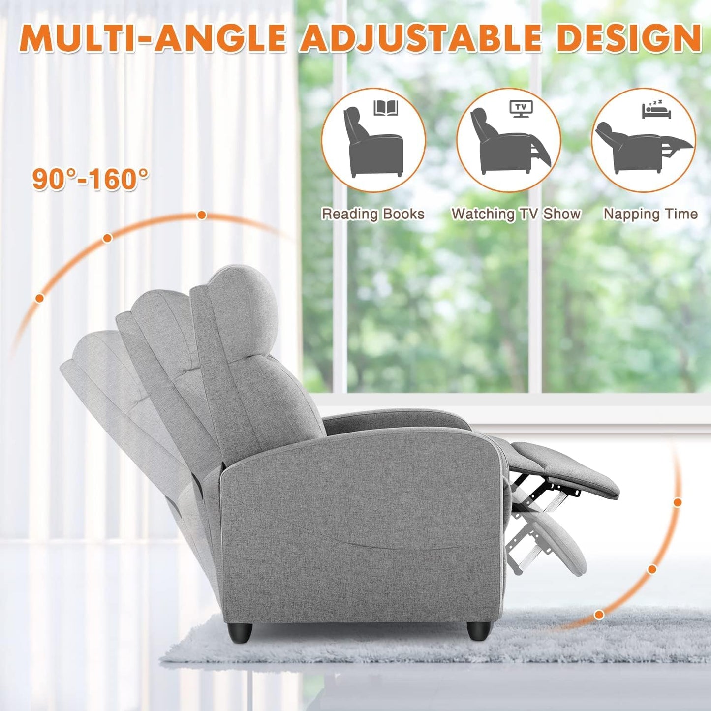 NEW - Sweetcrispy Recliner Chair for Adults, Massage Fabric Small Recliner Home Theater Seating with Lumbar Support, Adjustable Modern Reclining Chair with Padded Seat Backrest for Living Room (Deep Grey) - Retail $107