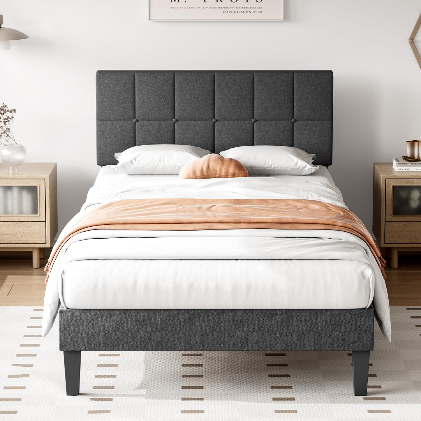 Twin Bed Frame with Adjustable Height Headboard, Dark Grey
